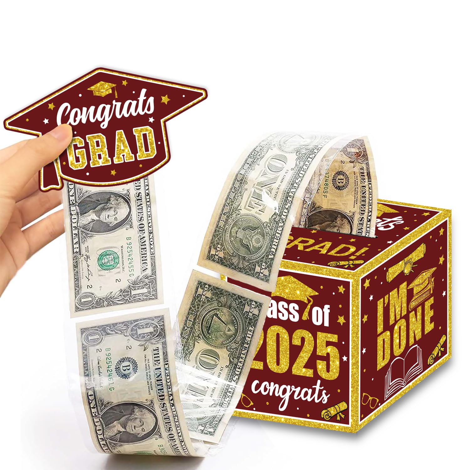 Graduation Decoration Class of 2026 Money Box - Maroon and Gold Graduation Money Box for Cash Gift Pull Congrats Grad Card and 100Pcs Transparent Bags