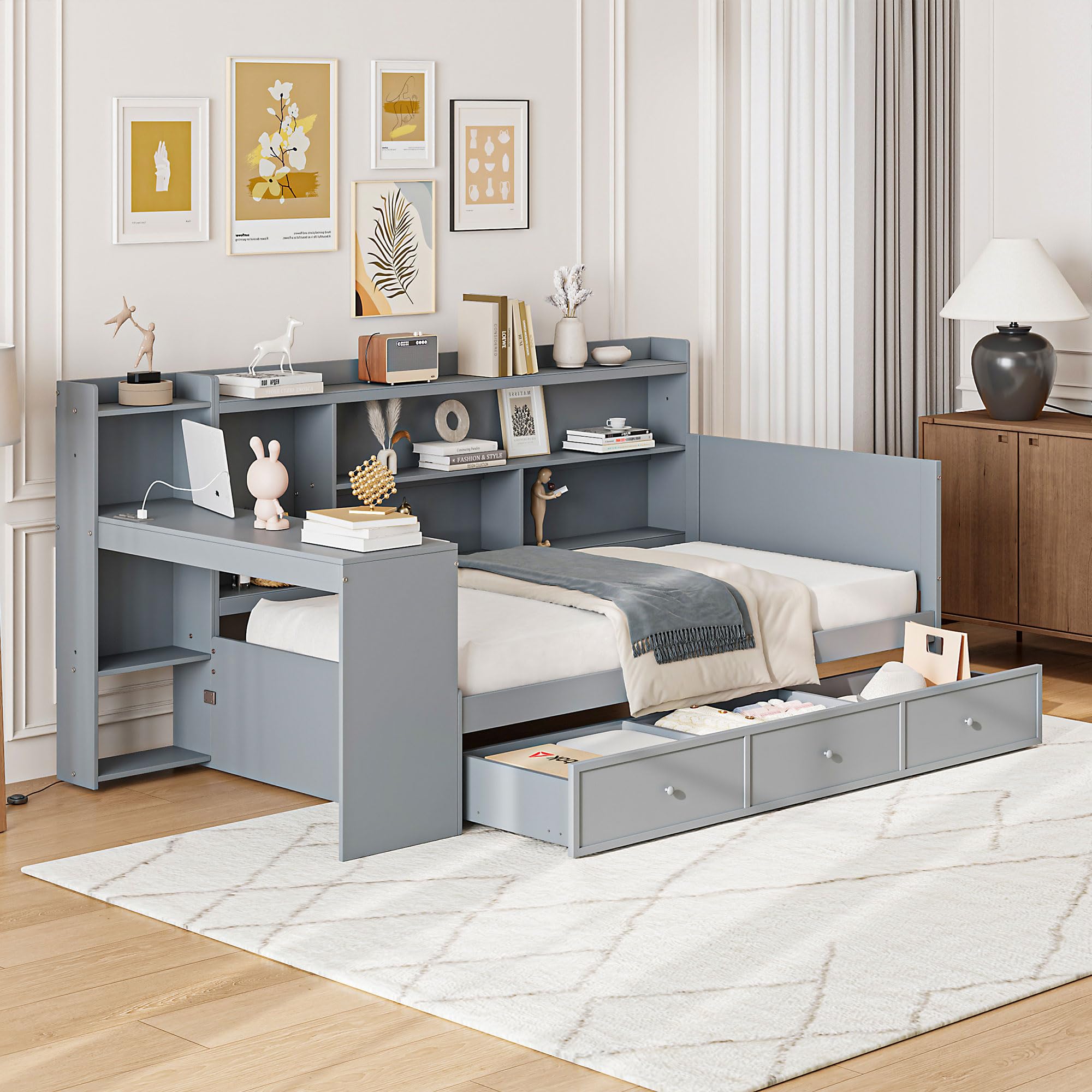 Twin Size Wooden Daybed with 3 Drawers, USB Ports & Desk – Gray, Space-Saving Storage Study Area, Charging Station, 2-in-1 Guest Bed (only box 2 of 2)