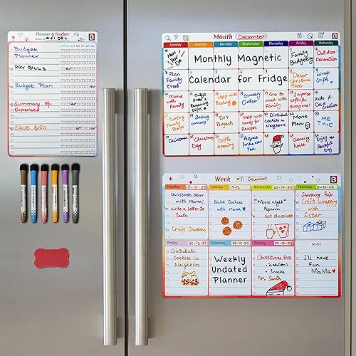 Juego de 3 calendarios magnéticos mensuales para refrigerador, 1 calendario semanal de borrado en seco para refrigerador, 1 tabla de tareas para