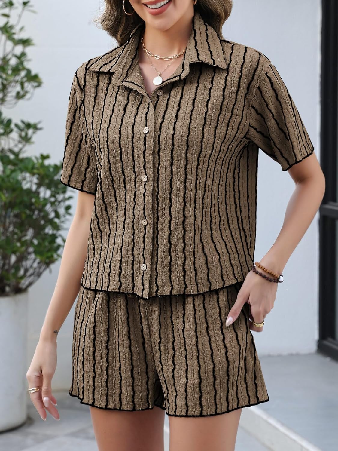 2 Piece Sets for Women Summer Knit Short Sets Striped Button Up Shirt and Shorts Lounge Casual Travel Outfit - Image 2