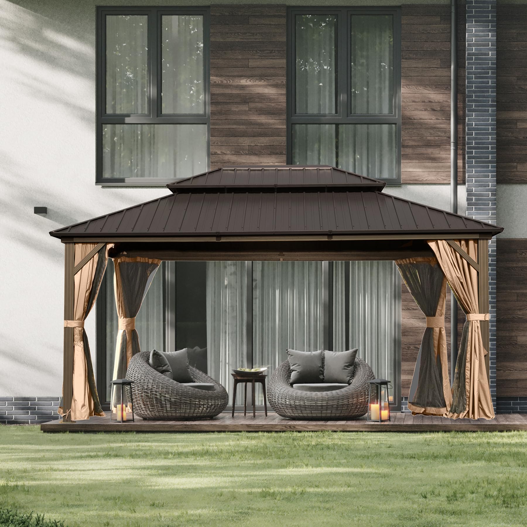 Domi 12' x 14' Hardtop Gazebo Permanent Metal Gazebo with Galvanized Steel Double Roof, Curtains and Netting for Party, Wedding, Outdoor Dining, Patio