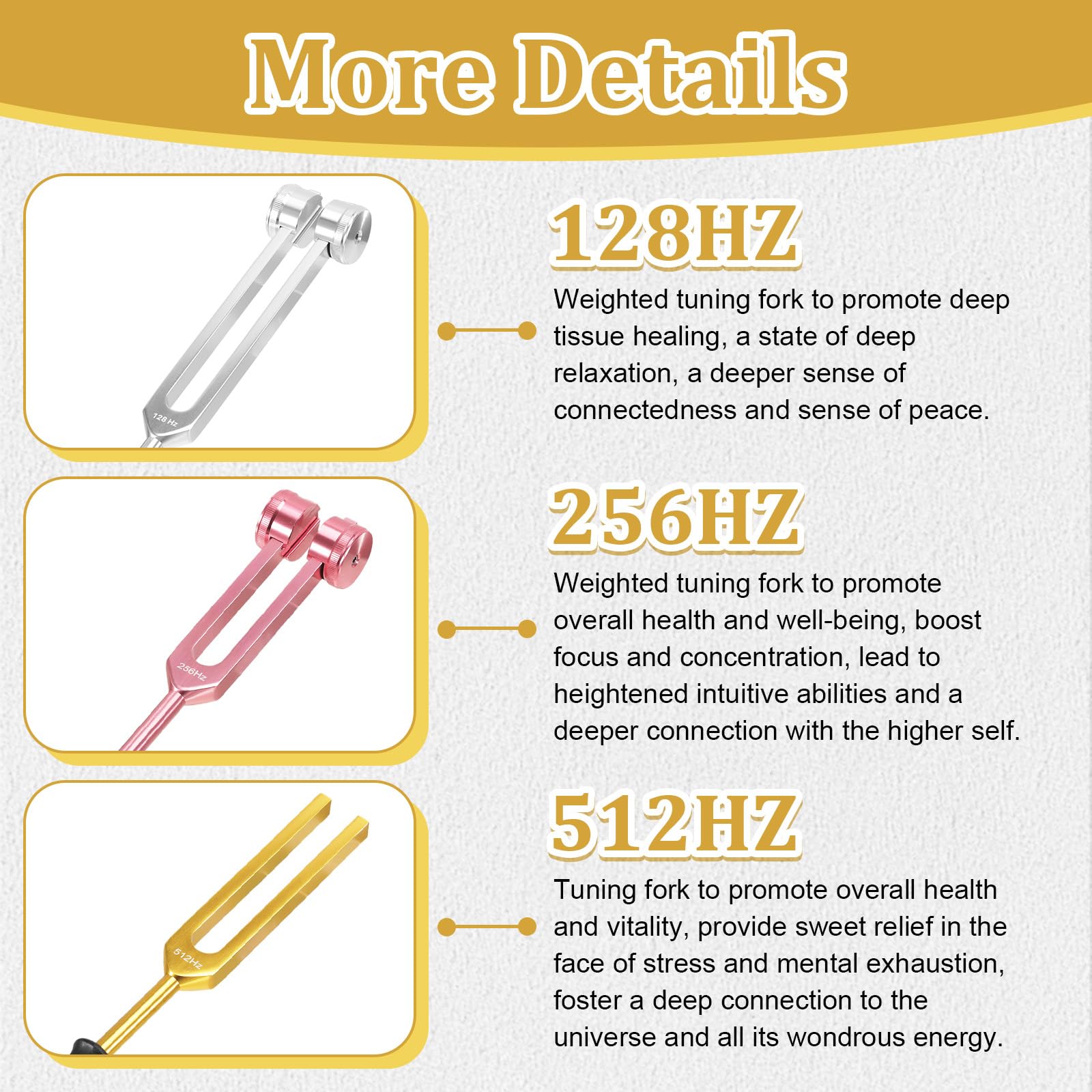 kodivenj Tuning Forks Set, Aluminium Alloy Tuning Fork 128Hz 256Hz 512Hz with Rubber Base and Silicone Hammer - Image 2