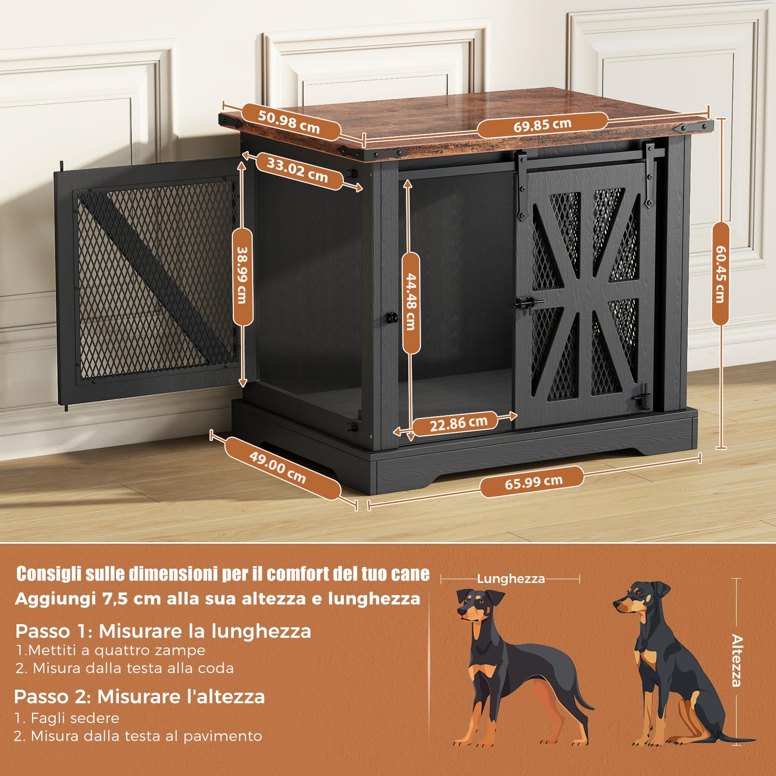Cage pour Chien, Cage de 73 cm, 3 Portes, Porte Coulissante, Maison Moderne en Bois pour Chien, Chiens de Petite Taille et Chiots, Design Renforcé, 73x51x60 cm, Noir