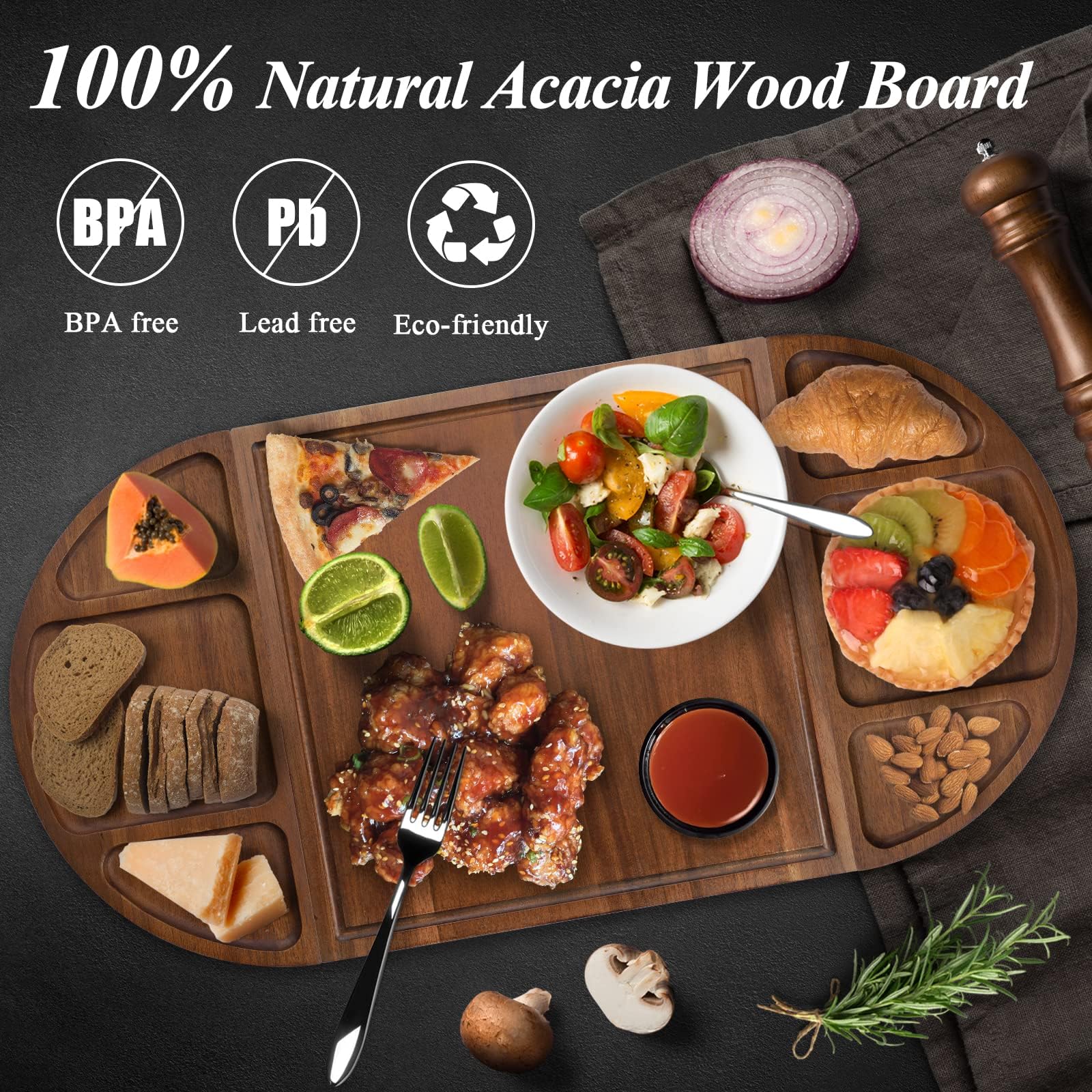 YUANQIAN Tabla magnética de madera de acacia grande de 66 cm x 33 cm, tabla de queso, tablas de servir para entretenimiento, hermoso juego de tablas de embutidos semicirculares cuadradas de madera de