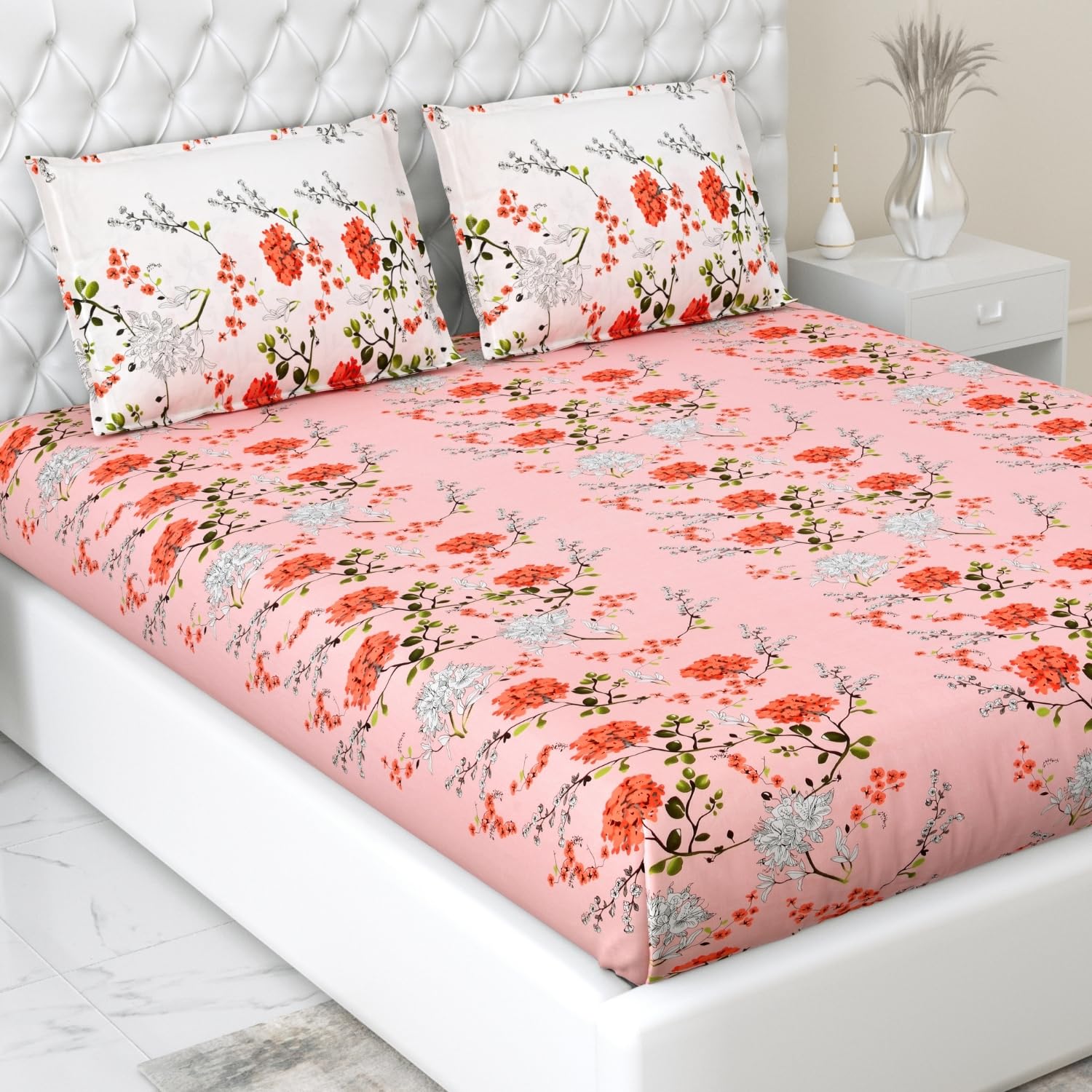 haus & kinder 186 TC Elastic Fitted Bedsheet for Queen Size Double Bed, 60x78 Inches + 13-Inch Deep Pocket, VSD Pink Fitted Bed Sheet with 2 Pillow Covers, Soft & Durable Bedding for Comfort & Style