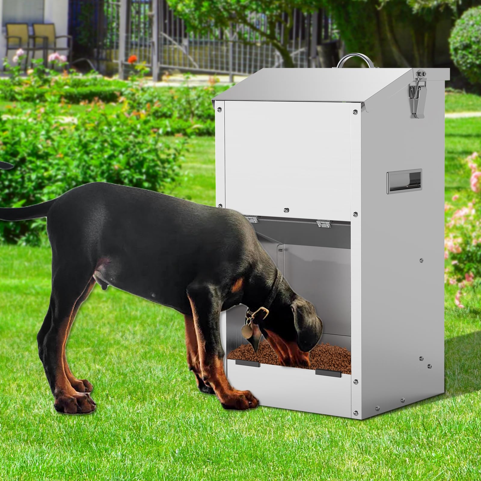 Alimentador Automático De Perros De 20L, Gran Capacidad, De Acero Inoxidable, para Exteriores, Dispensador De Comida para Perros por Gravedad,Comedero De Alimentación Automática para Grandes