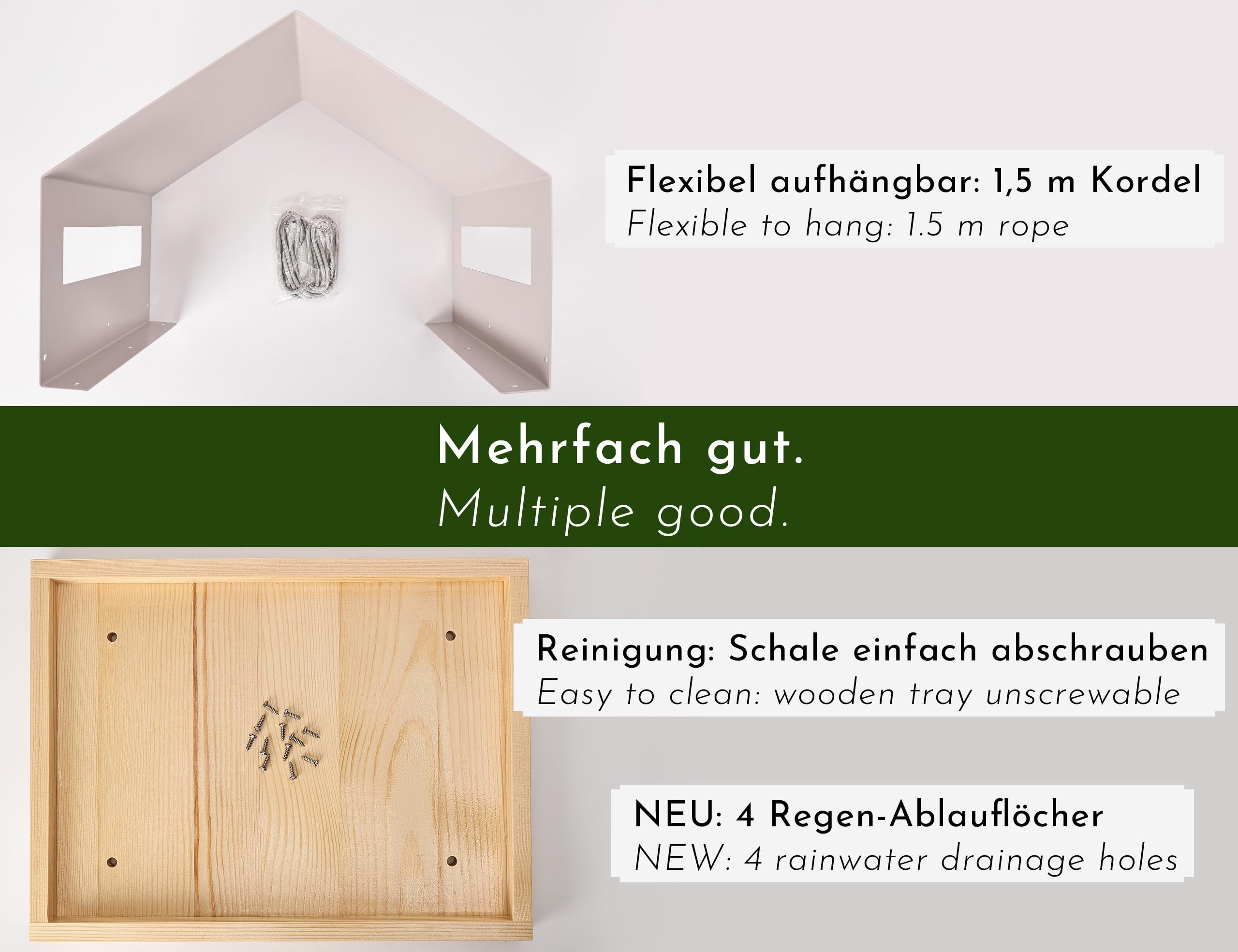 Großes Design Vogelhaus aus Metall und Holz wetterfest zum Aufhängen, modernes Vogelfutterhaus XL Metalldach hängend, Vogelhäuschen Futterhaus für Vögel, Edelstahl Kiefer, grau-beige