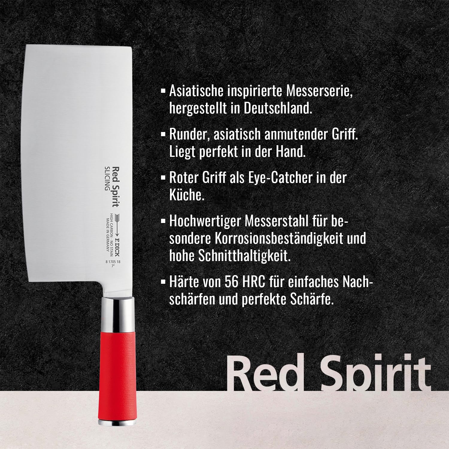 F. Dick Chinesisches Kochmesser, Red Spirit (Messer mit Klinge 18 cm, X55CrMo14 Stahl, nichtrostend, 56° HRC) 81705182