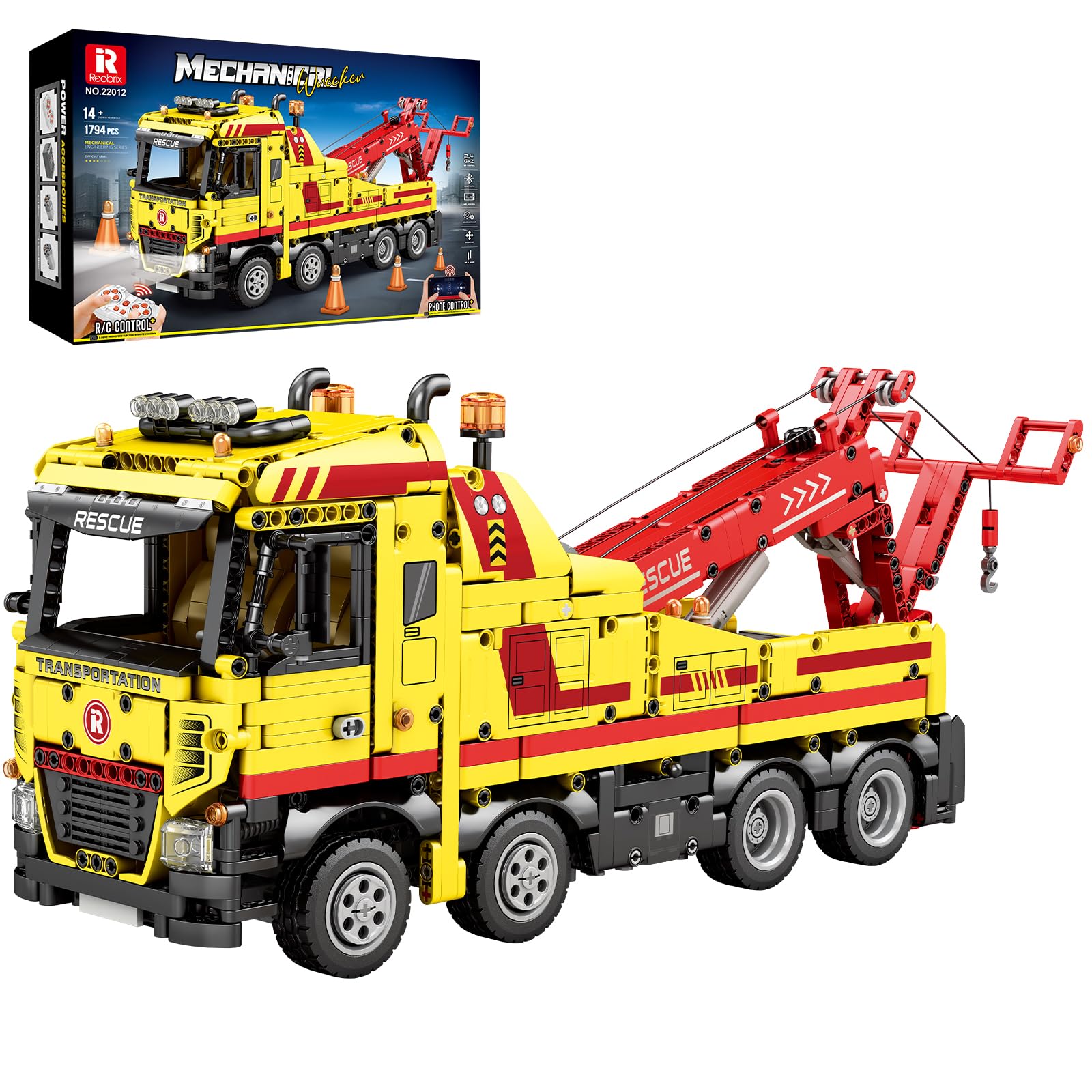 Reobrix Camion de remorquage RC Jouet de construction avec application/télécommande Véhicule robuste de sauvetage avec moteur, grue technique 22012 Brique de construction de voiture Cadeau pour adulte