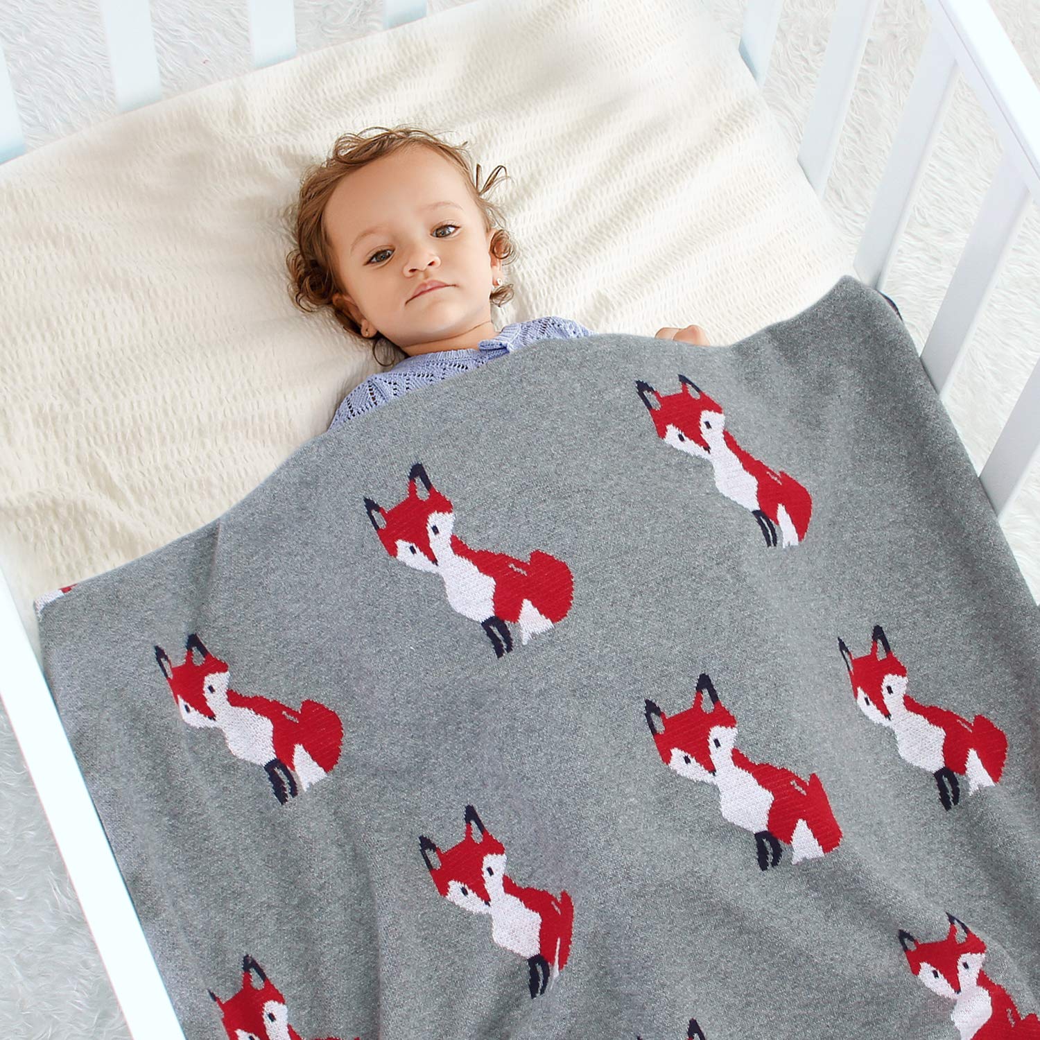 DovFanny Baby Blanket 100% Cotton Cute Cartoon Fox Knit Soft Cozy Lightweight Warm Blanket for Newborn Baby 80×100 cm Grey - Image 2