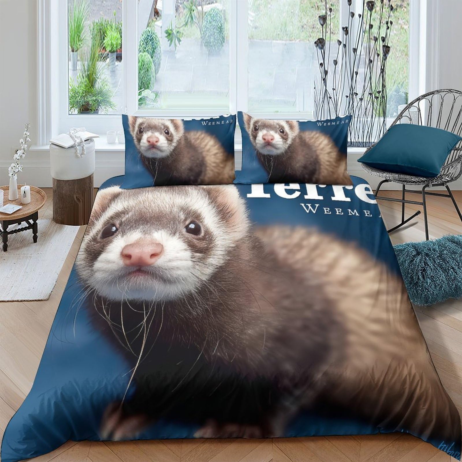 GPLZQXKJNH 3D Printed Ferret Animal Duvet Cover Microfiber Soft Breathable Forest Bedding Set with 2 Pillowcases for Bedroom Decor Single（135x200cm）