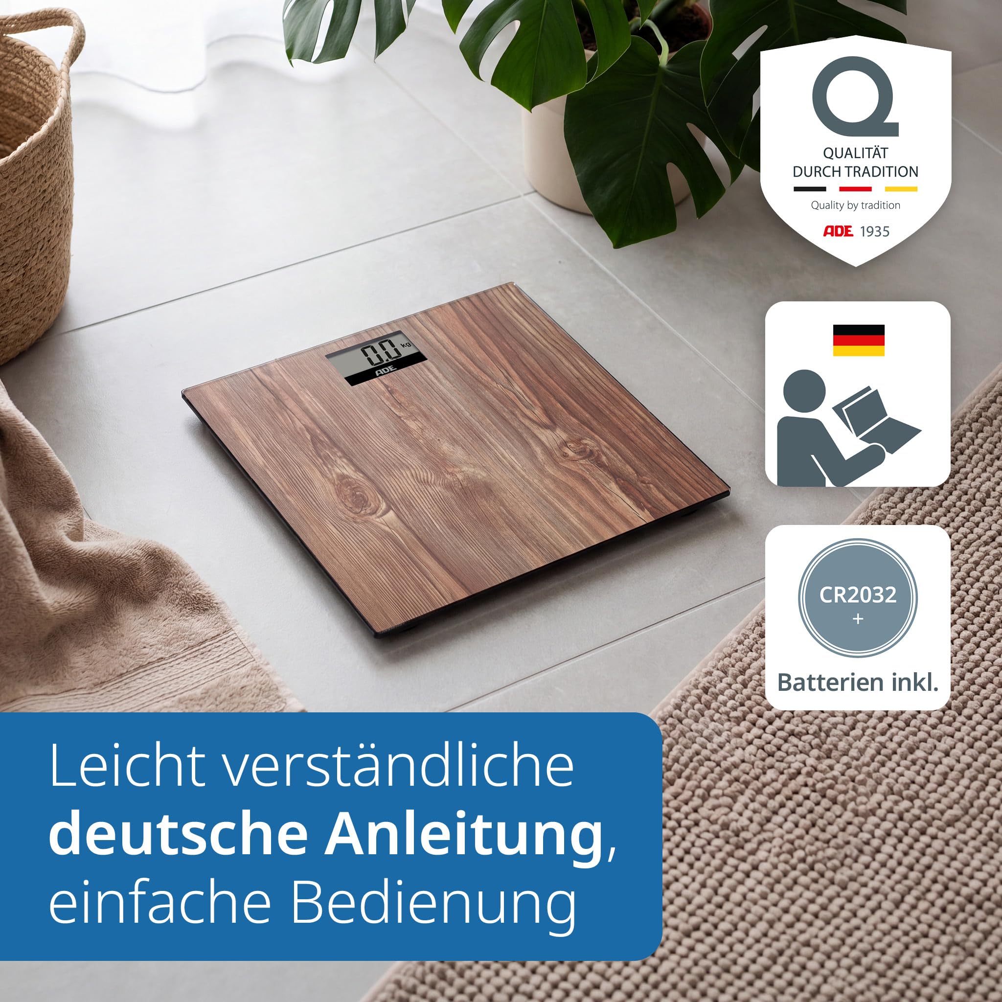ADE Digitale Körperwaage in gemütlicher Holzoptik | großes Display | rutschhemmende Wiegefläche aus Sicherheitsglas | genaue Wiegeergebnisse