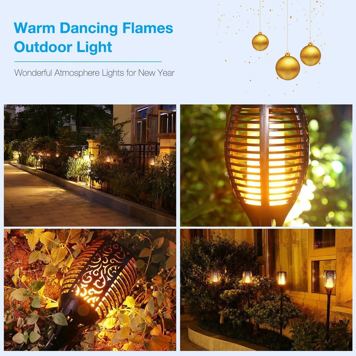 Lot de 4 lampes torches solaires étanches à 96 LED - Flammes vacillantes - Éclairage de décoration de paysage, de terrasse, pelouse - Éclairage du crépuscule à l'aube - Marche/arrêt automatique pour