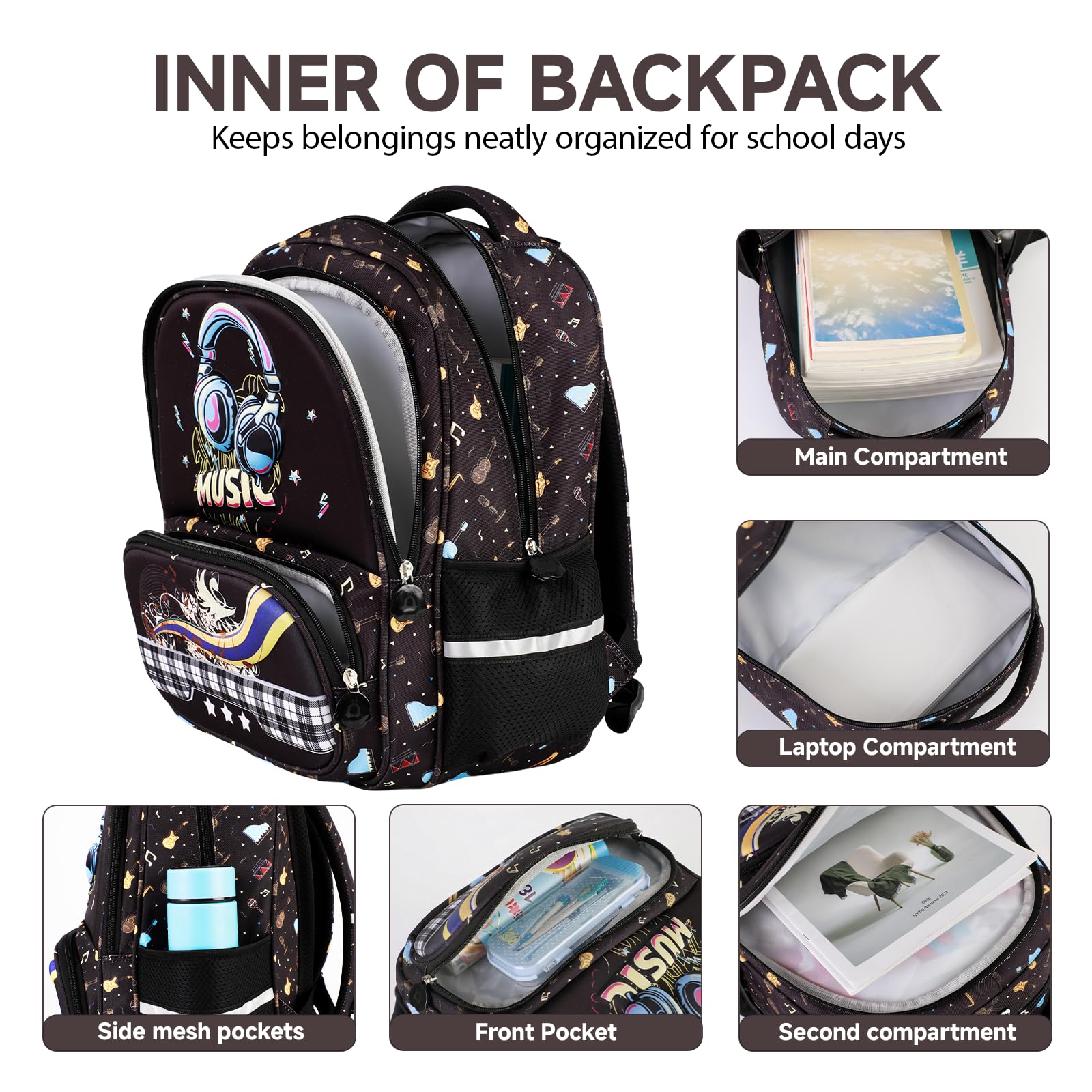 Amythe Zaino Scuola Ragazzi Classi da 1 a 5 Scomparto Laptop Moda, Cuffie | Traspirante Viaggio Riflettente Impermeabile Cinturino Pettorale Cuffie Daypack Multitasche Capiente Resistente per Scuola