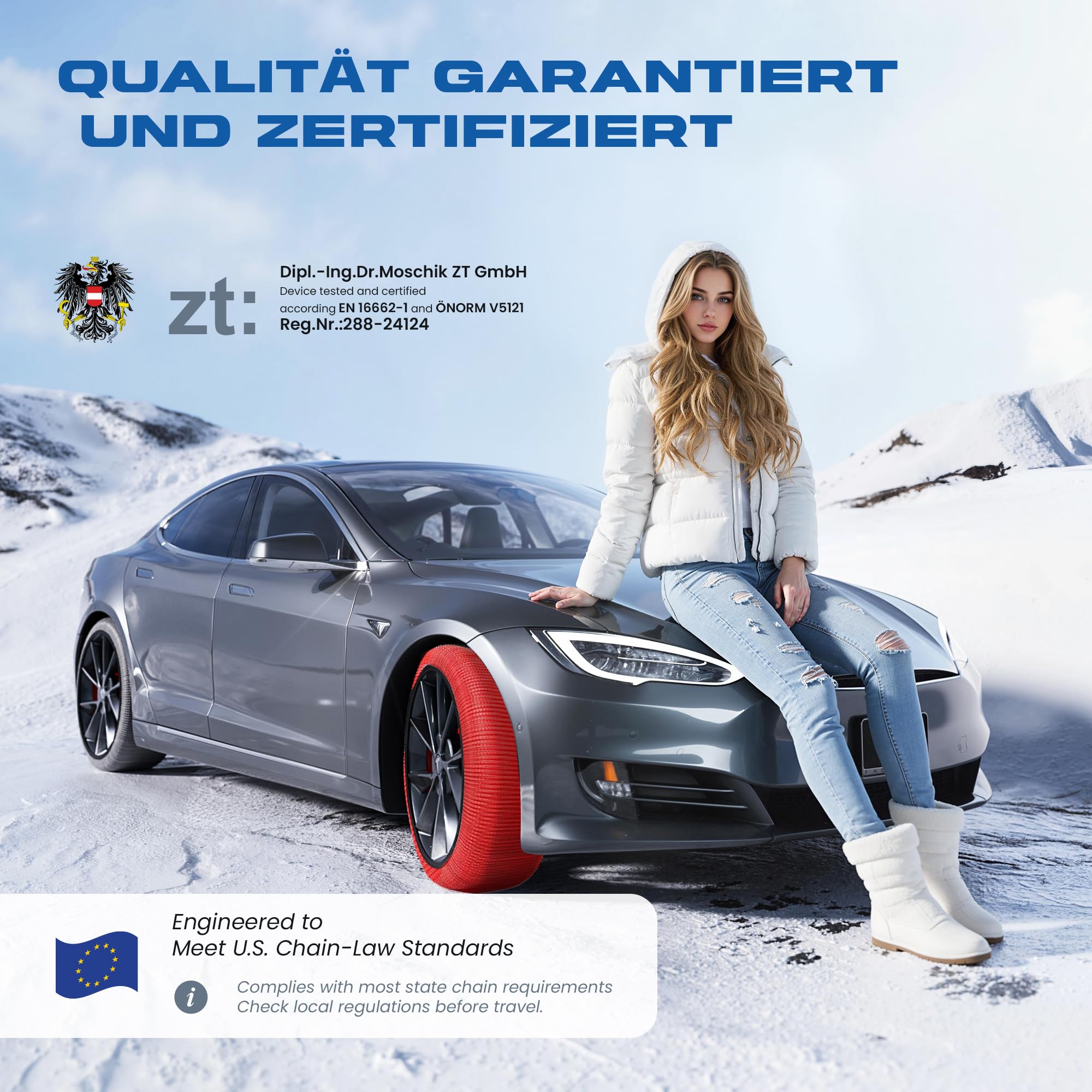 Winterreifen Schneeketten XL - EN 16662-1- Hochsichere, leicht installierbare Textil Schneeketten für Autos - rutschfeste, strapazierfähige Ketten - Set mit 2 Ketten + Handschuhe(Rossi)
