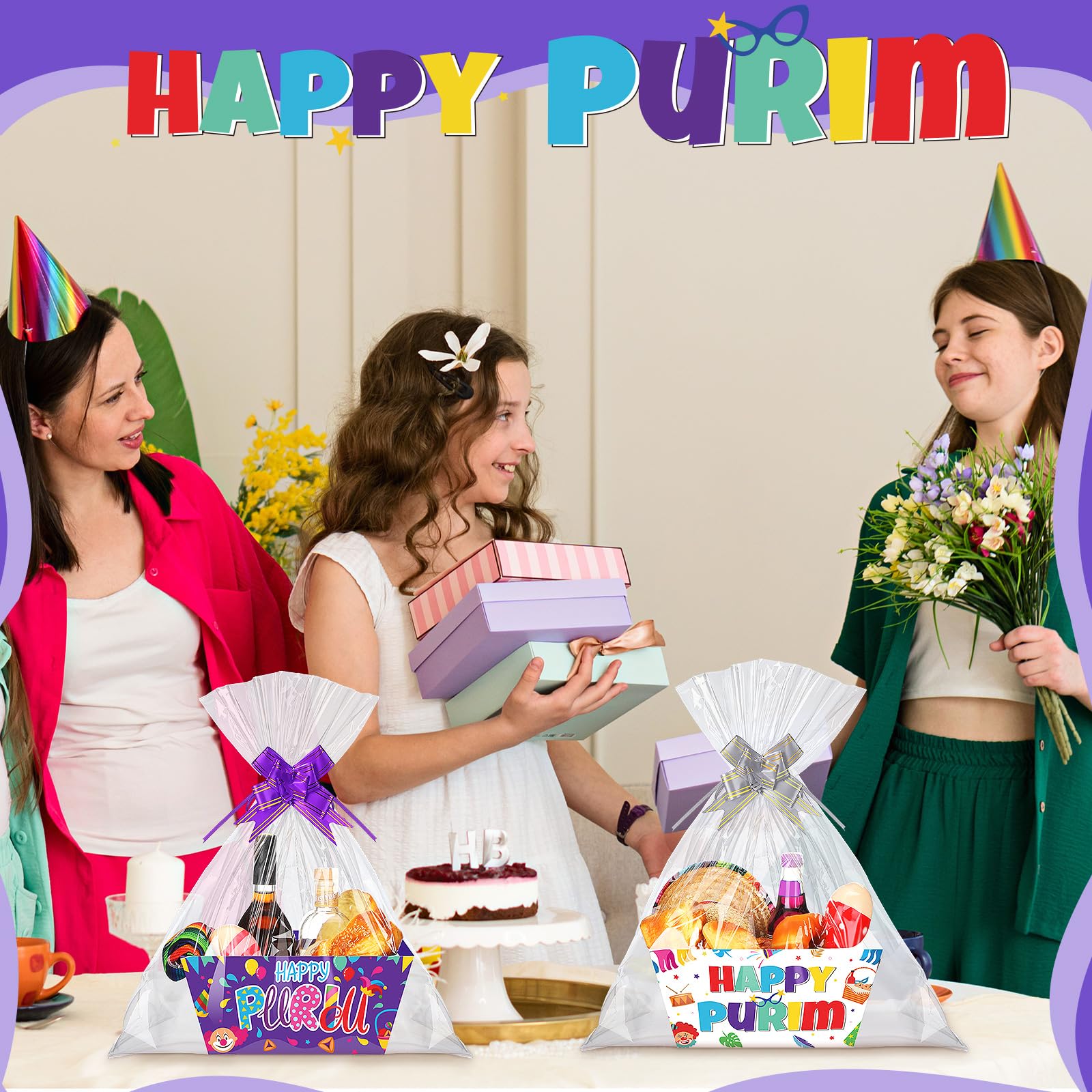 Cholemy Purim - Juego de 24 cestas de regalo vacías que incluye 8 bandejas de mercado de papel kraft, 8 bolsas y 8 lazos, regalos de fiesta de carnaval judío, caja de cartón para regalos vacía con
