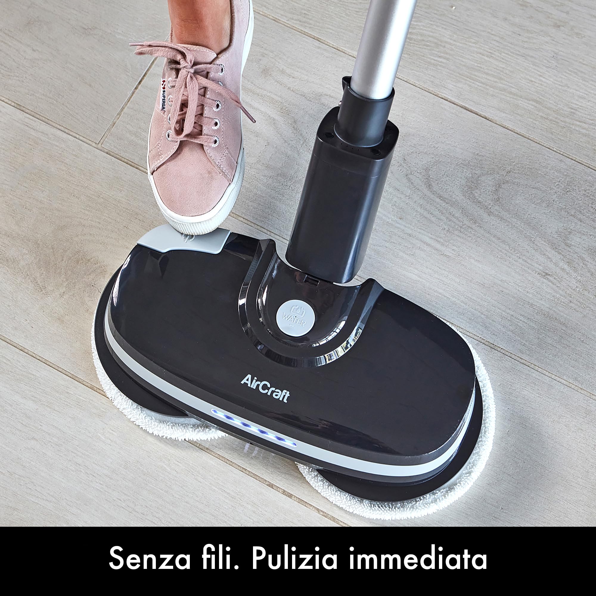 AirCraft Home, PowerGlide Lavapavimenti Senza Filo e Lucidatrice Pavimenti con 8 Panni Microfibra, Lavasciuga Pavimenti per Legno, Marmo, Piastrelle e Vinile, Batteria Ricaricabile