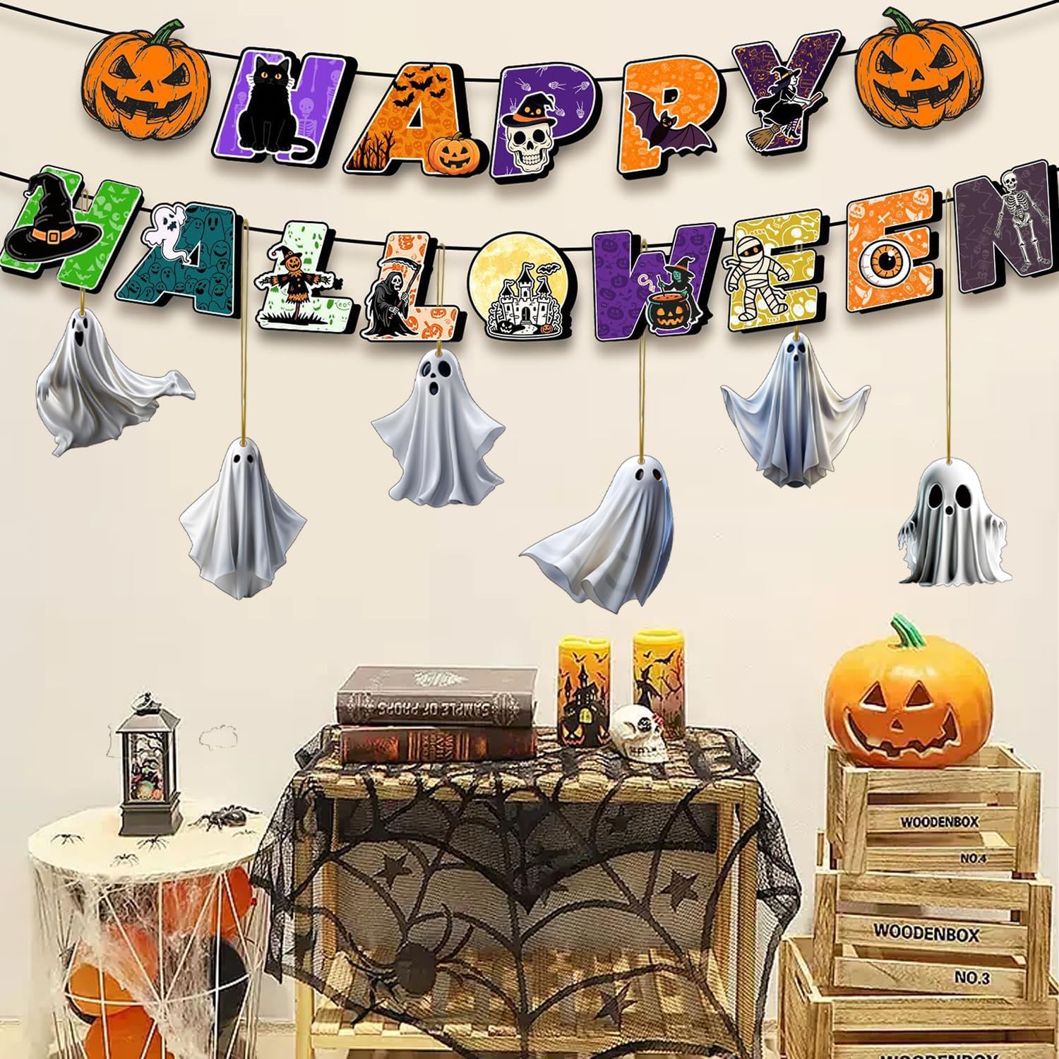 6 Pcs Halloween Hanging Ornaments for Tree Cute White Little Ghost Designs Halloween Spooky Acrylic Pendants Cartoon Ghost Hanging Ornaments Decorative for Holiday Party Craft Supplies