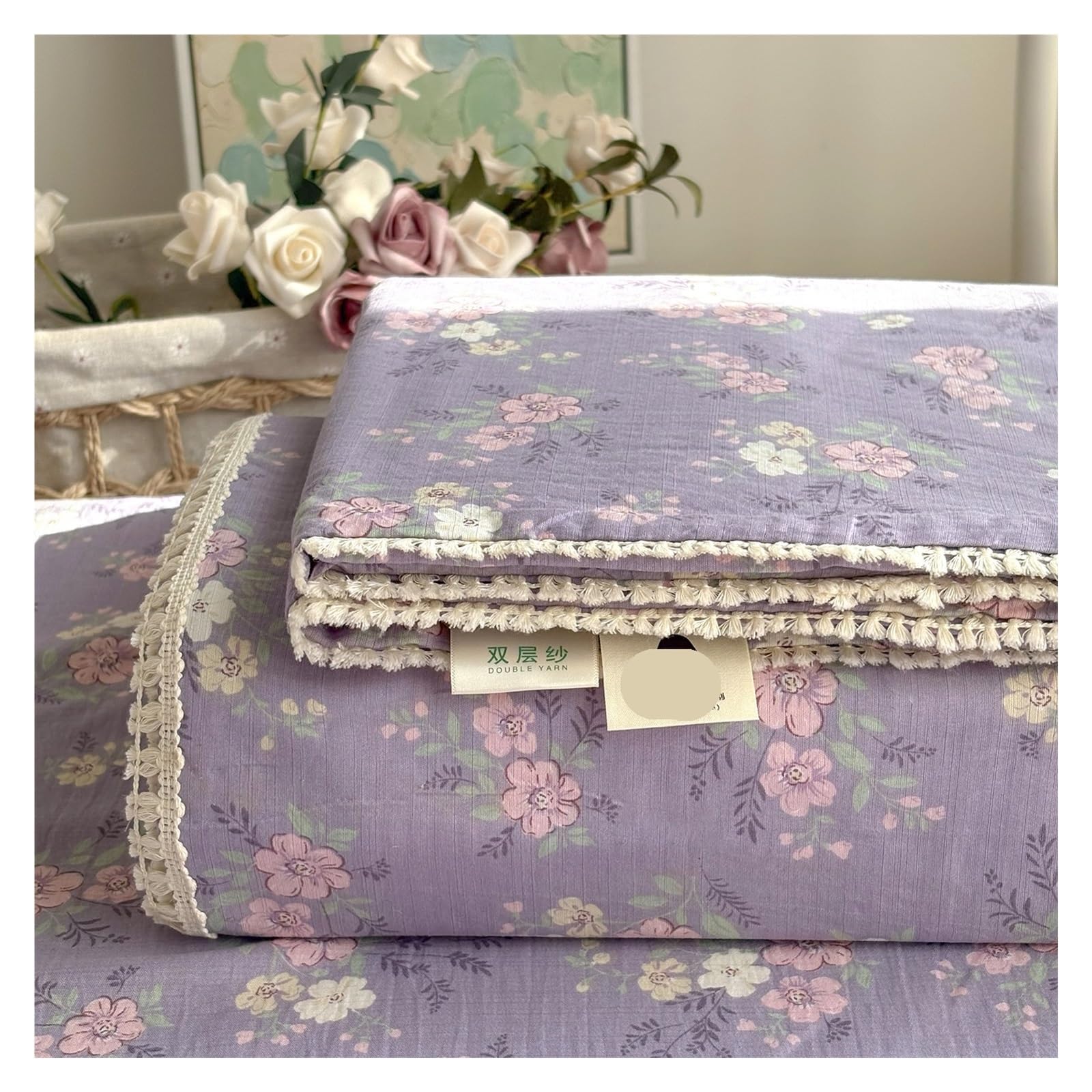 YGMNQAL Spring Summer Floral Print Double Gauze Bed Sheet With Fringe Lace Trim(Foam purple,200x230cm Twin)