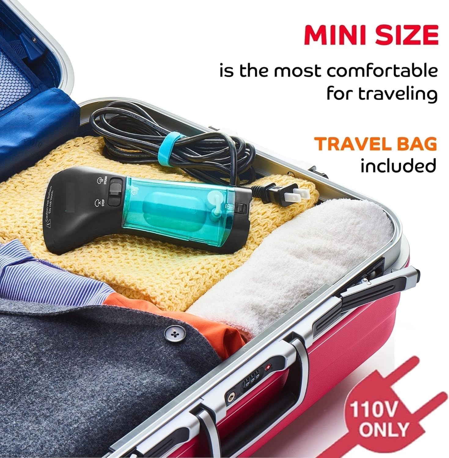 Travel Steamer for Clothes - Portable, Handheld for Clothing Garment and Fabric - No Spitting, Safe and Little Handy - Compact Home Mini Steamer for Curtain Metal Plate, 110V Only (Metal)