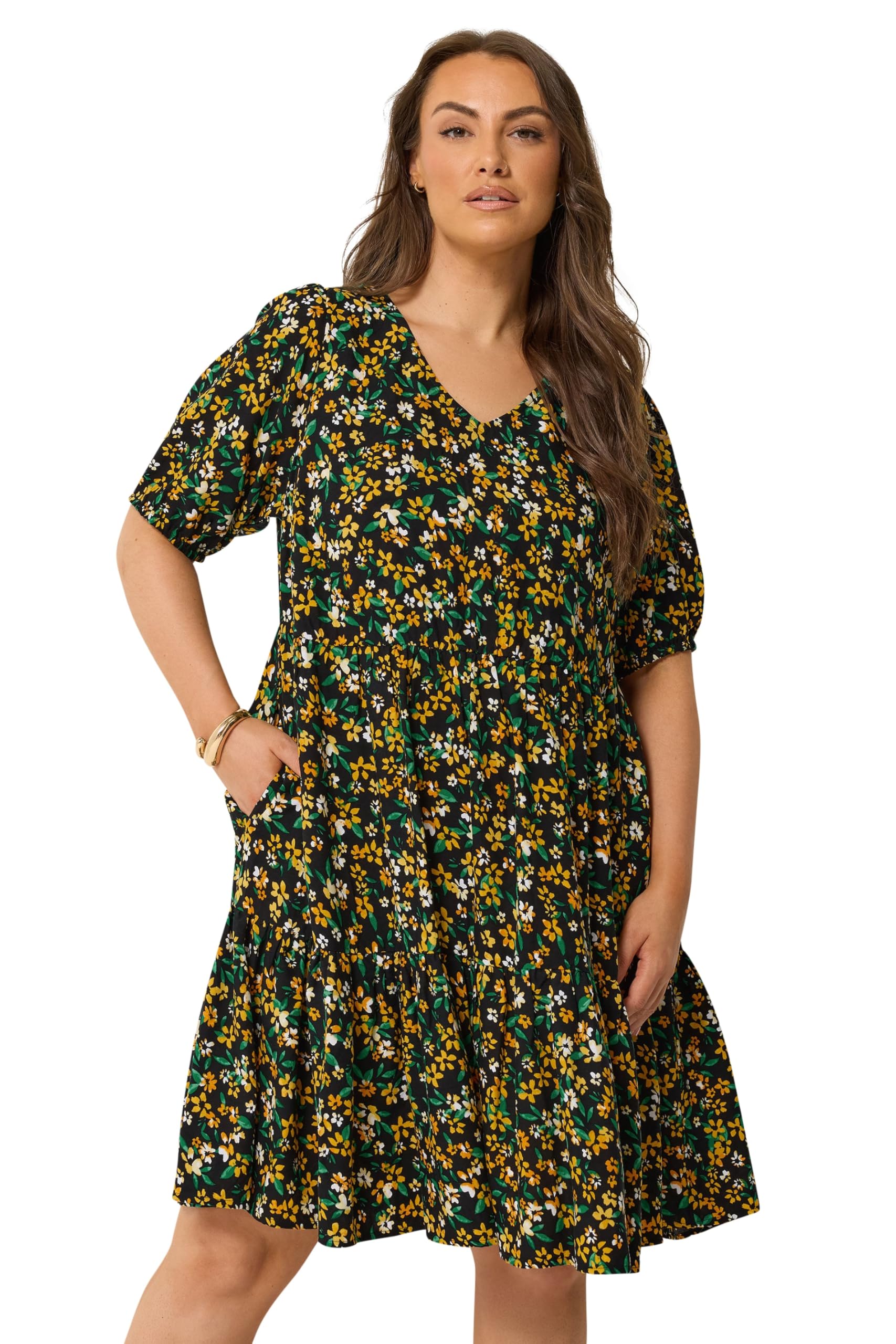 Yours Curve Floral Tiered Mini Smock Dress - Women's - Plus Size Curve