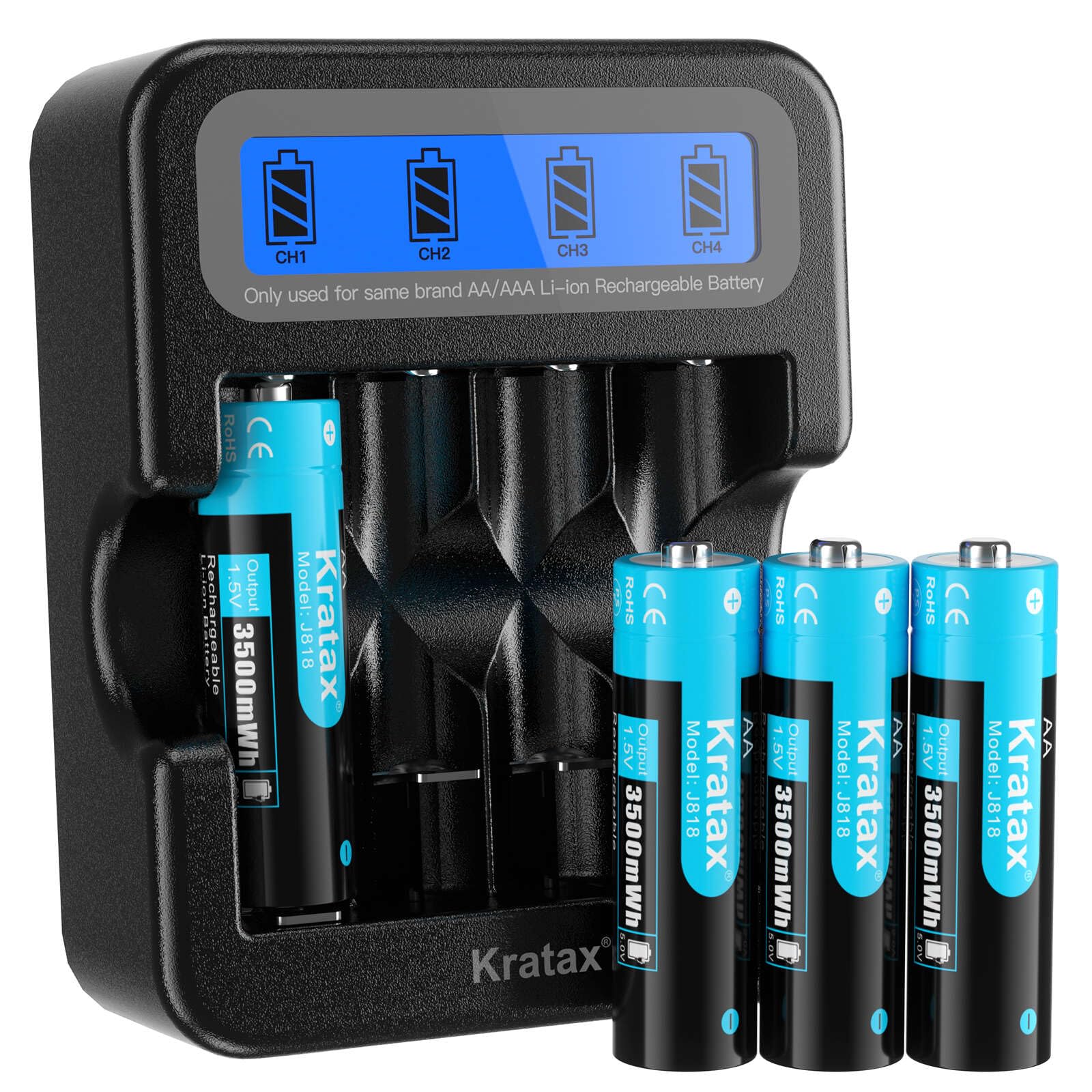 Kratax AA Rechargeable Lithium Batteries, 4 Pack 1.5v high Capacity 3500mWh Double A li-ion Batteries and 2.5h Intelligent Charger, 1600 Cycles Long