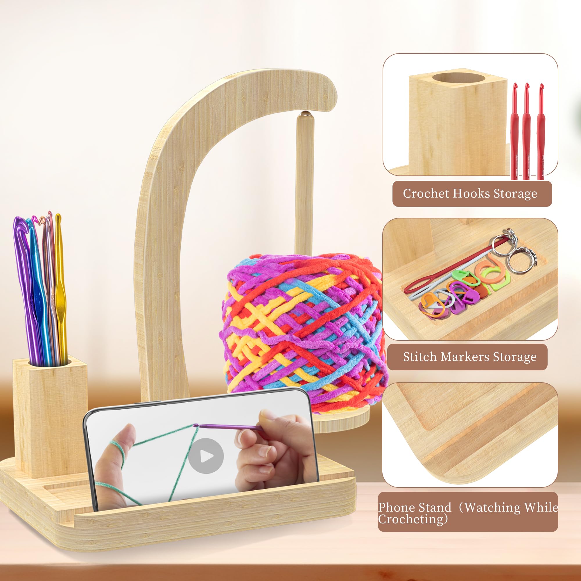 Upgraded Yarn Holder for Knitting and Crocheting,Magnetic Twirling Mechanism Yarn Spinner with Crochet Accessories Storage and Phone Stand,Yarn Ball Holder for Knitting Lovers (Natural Wood Color)