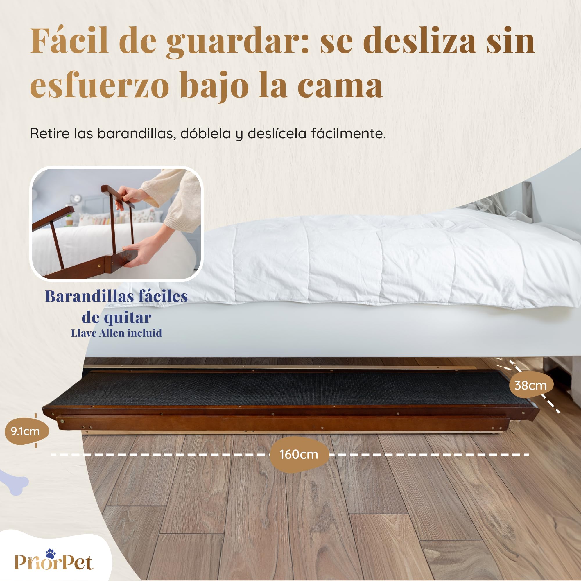 Rampa para Perros para Cama con Rieles de Seguridad PRIORPET - Madera de Abedul - Ajustable - para Camas Altas de hasta 94.5 cm - Plegable - Agarre Antideslizante - para Perros de hasta 23kg - Nuez