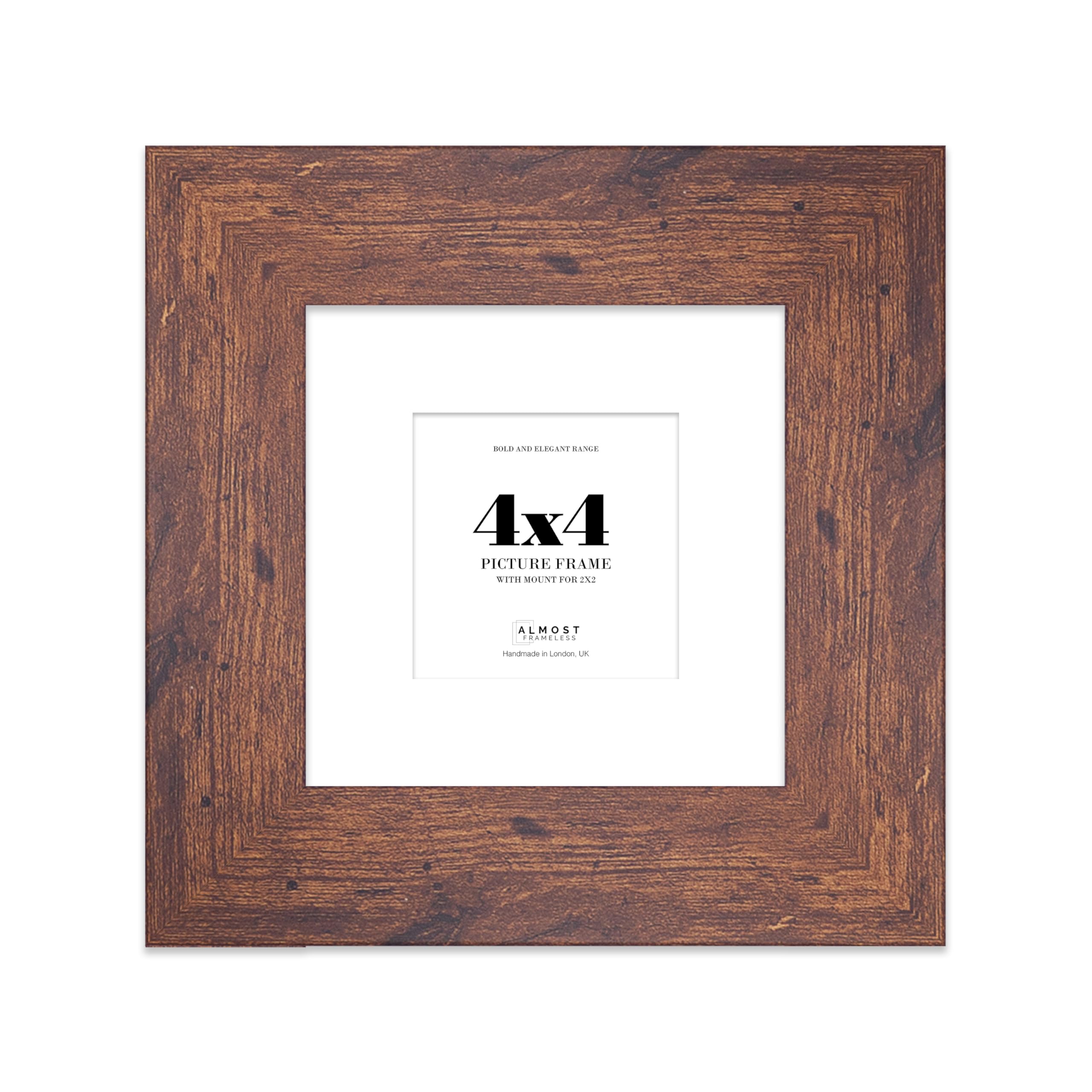 4x4" Rustic Wood Square Frame With Mount for 2x2" Pictures 28mm Edge Frame Display with Wall Hooks and Kickstand, 1 Pack