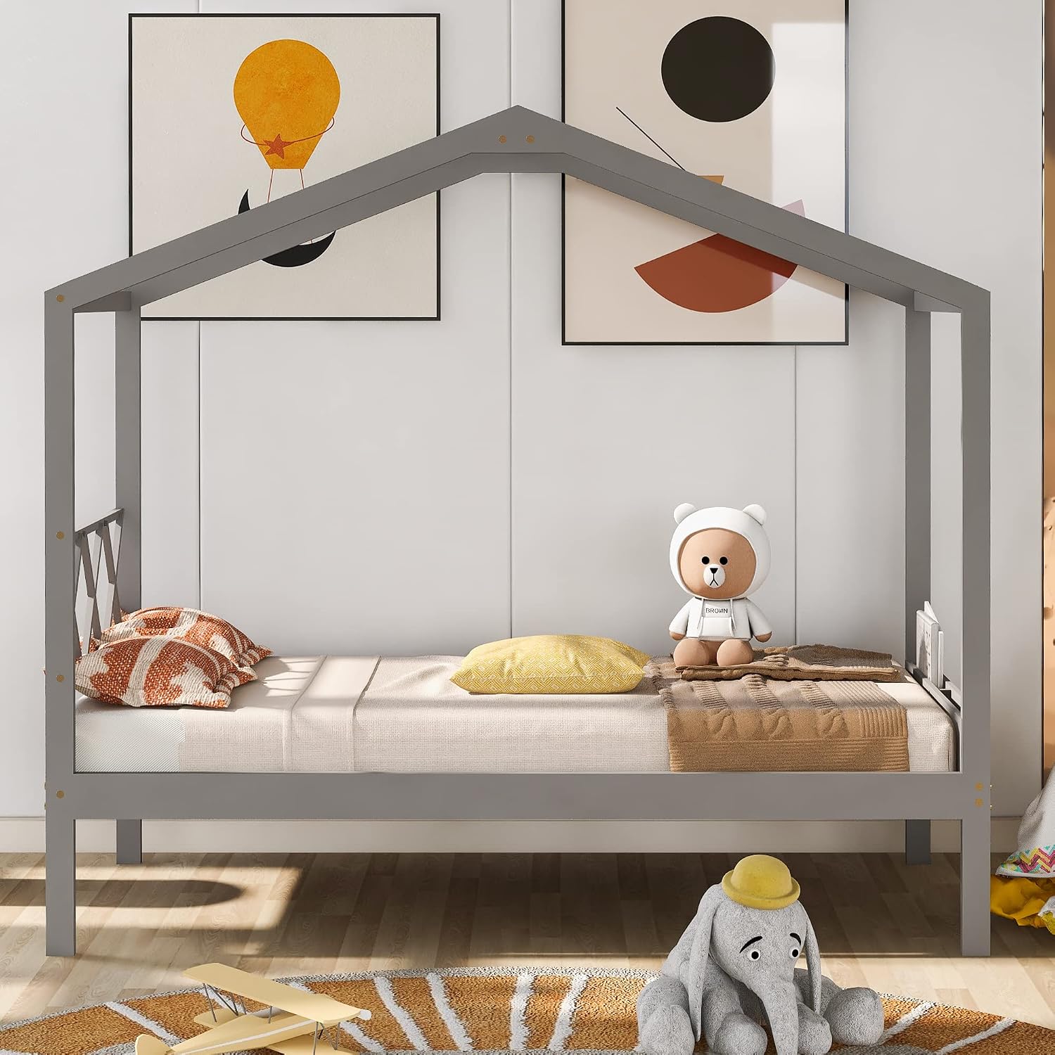 Twin House Bed for Kids Montessori Bed with Headboard and Storage Footboard Wood Platform Bed Frame Gray House Beds for Girls Boys Teens Adults, Twin Size, Gray