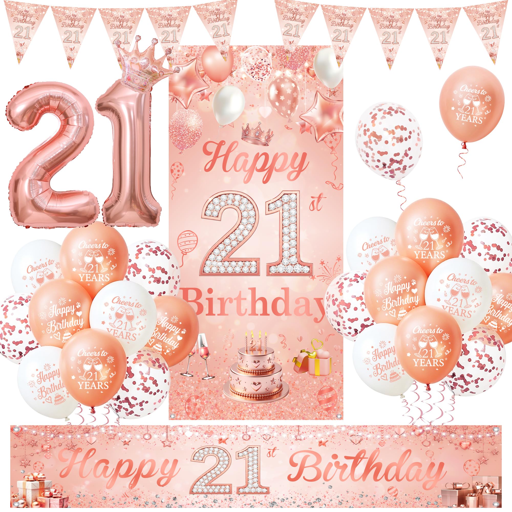 21st Birthday Decorations for Her, Rose Gold Happy 21st Birthday Banner