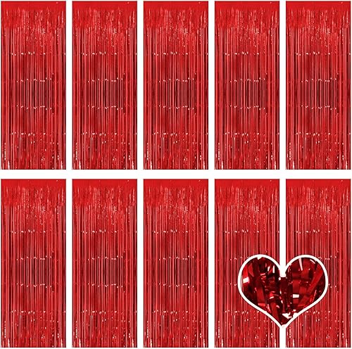 Paquete de 10 cortinas de fondo rojo de 3.2 x 8.2 pies de papel de oropel metálico, cortinas de flecos de papel de aluminio de oropel para