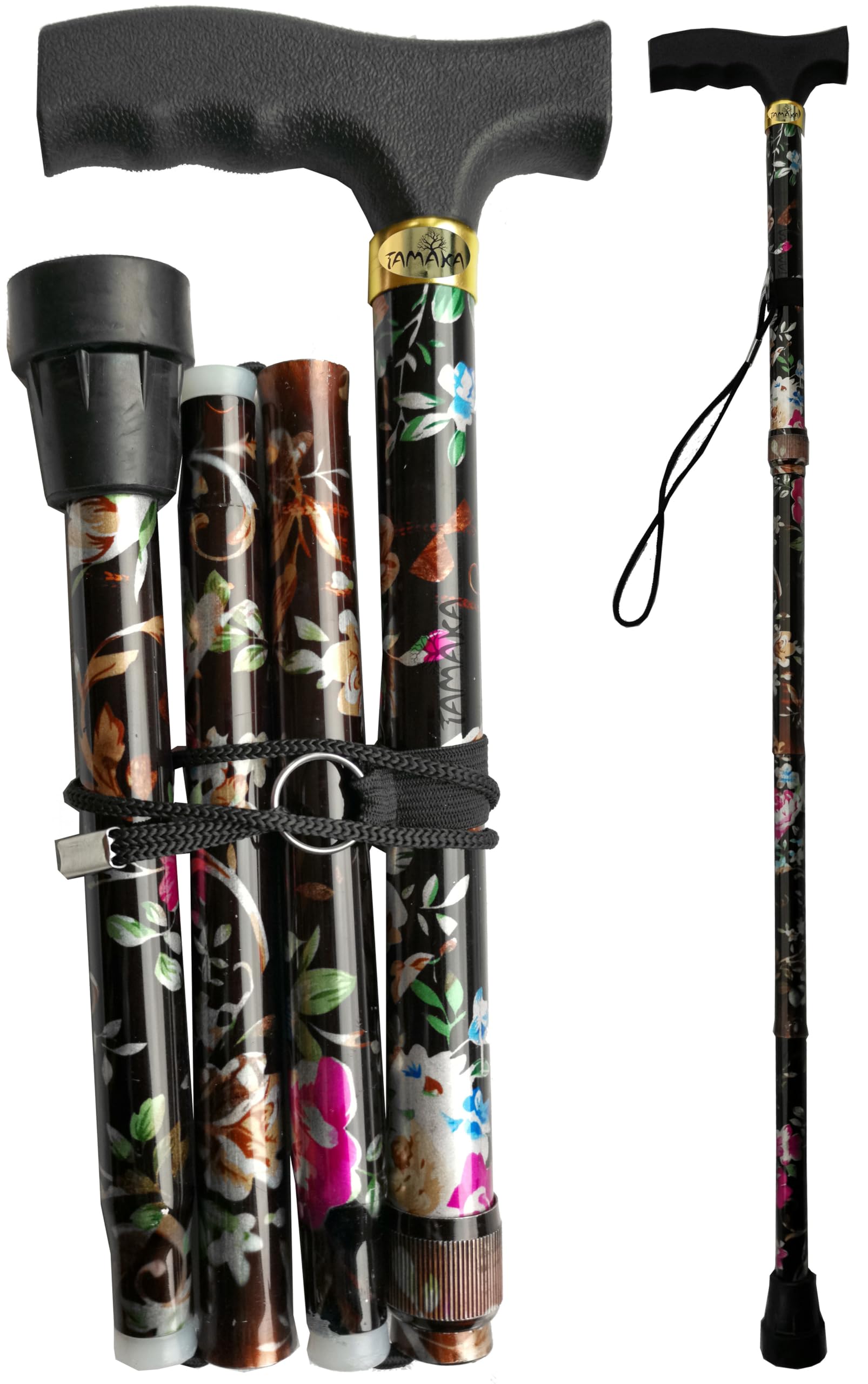 TAMAKA® Premium Folding Compact 4-part Ladies Walking Stick, Stunning Brown Floral Print with a Unique Ergonomic Easy-Grip Moulded Handle Adjustable Walking Cane for Petite or Tall Women - 32.5” - 37”