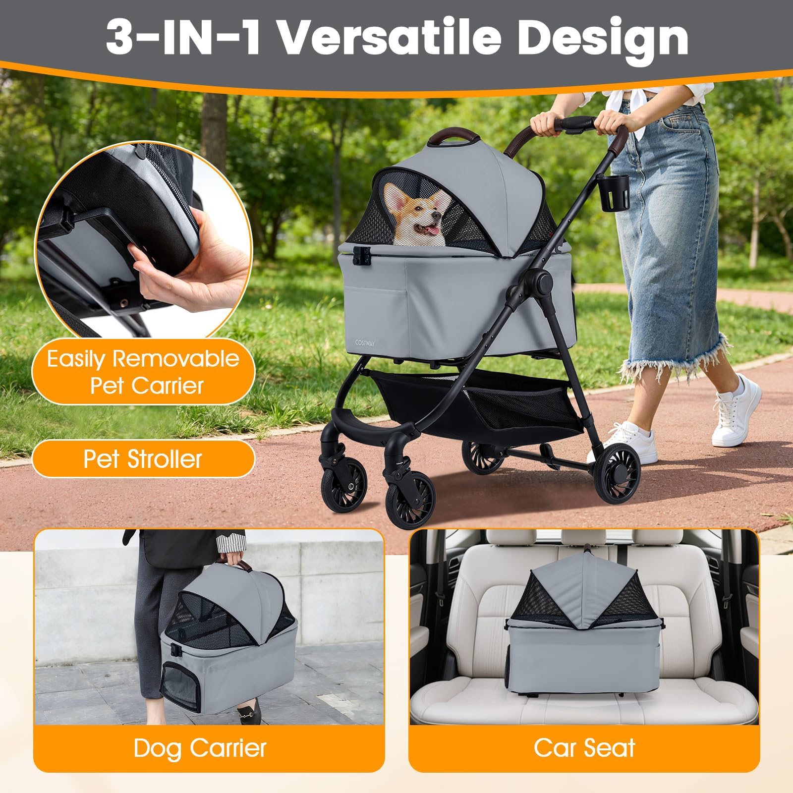 FANTASK Poussette 3 en 1 pour chien, sac de transport jusqu'à 15 kg, avec toit en maille réglable, panier et porte-gobelet, poussette pliable pour chien, chat, animaux domestiques (gris, 1)