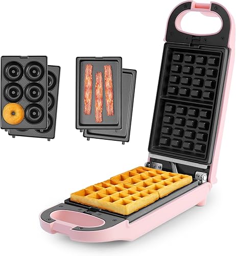 AROMA Swap & Flip Waffle Maker con platos extraíbles prensa Panini 3 en 1, mini máquina para hacer donas y wafflera