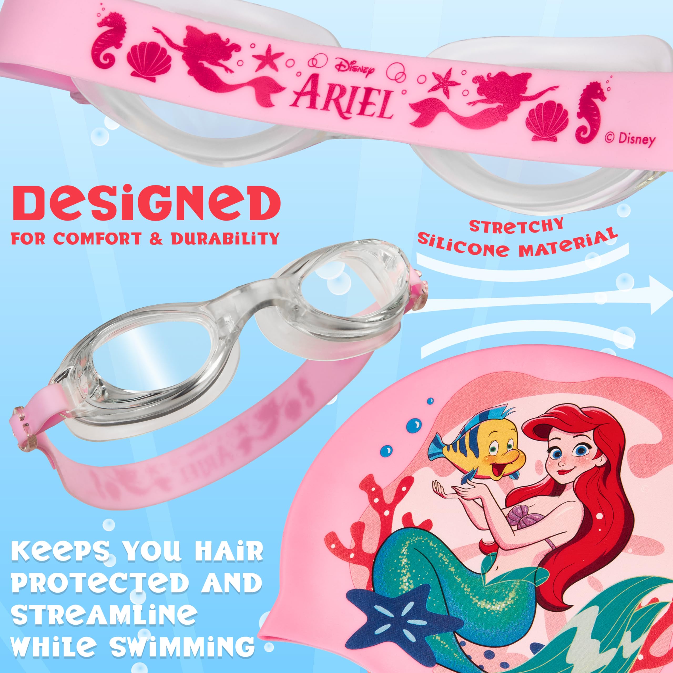 Disney Children's Swimming Goggles and Swimming Cap Set Anti-Fog UV Protection (Pink Ariel, 3-6 Years) - Image 4