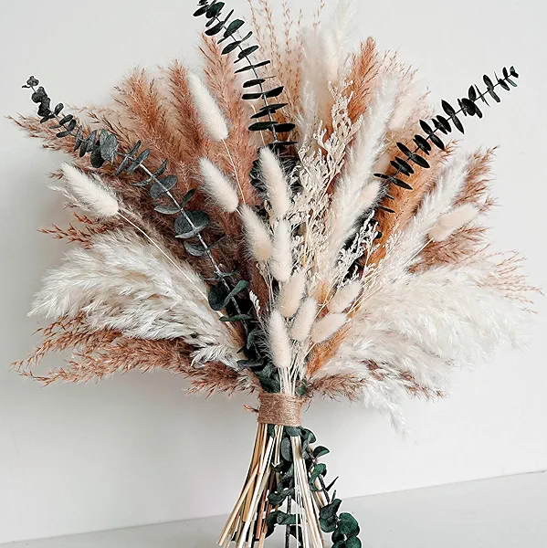 Dried Flower Bouquet - Pampas Grass, Bunny Tails, Olive Green Eucalyptus & Preserved Flowers - Boho Chic Home Decor, Rustic Wedding Centerpiece, Farmhouse Style Arrangement, Long-Lasting Gift
