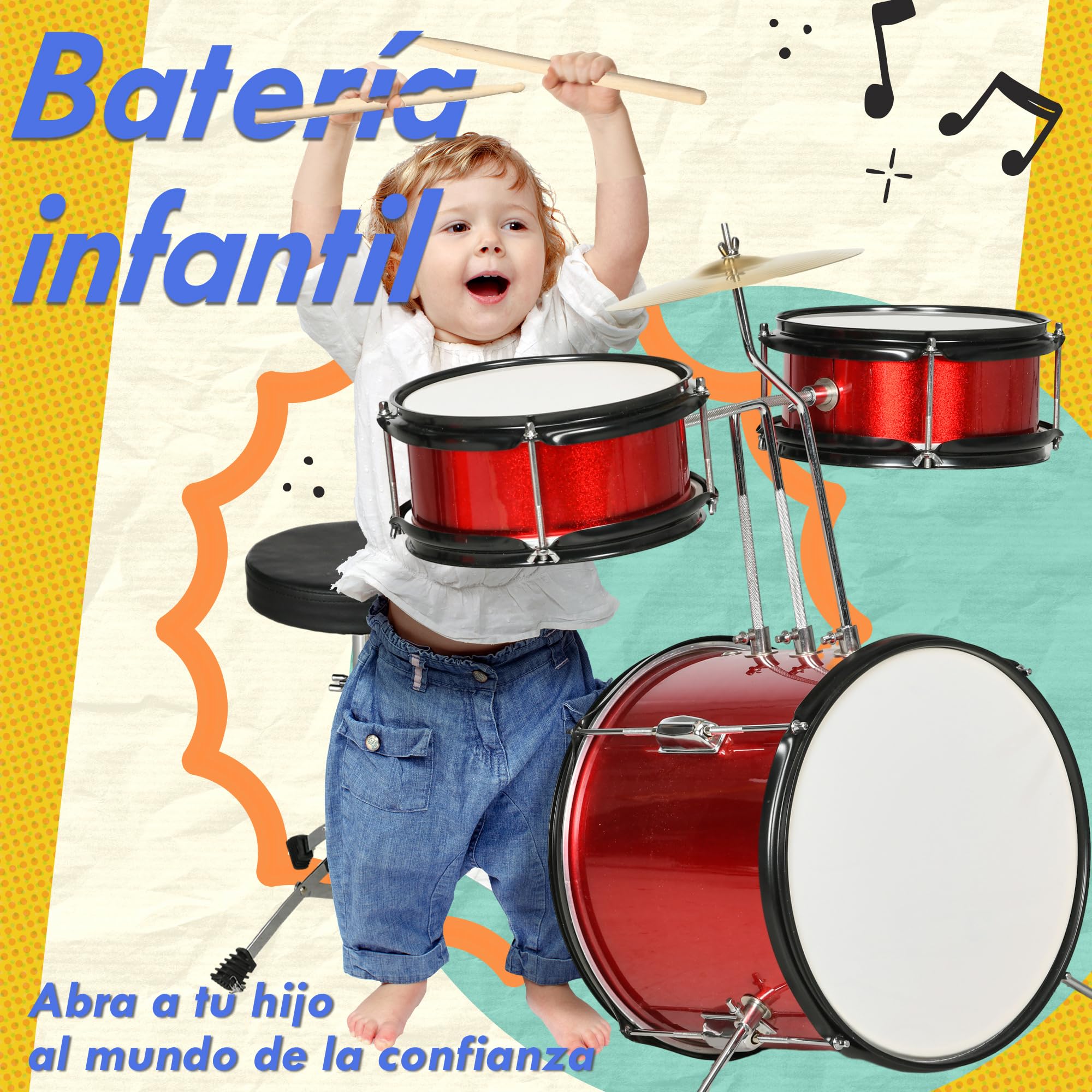 AIYAPLAY Batería Infantil Taburete Ajustable +3 Años 80x60x48-65 cm Rojo | Batería para Niños, Tambores, Bombo, Platillo, Pedal, Baquetas