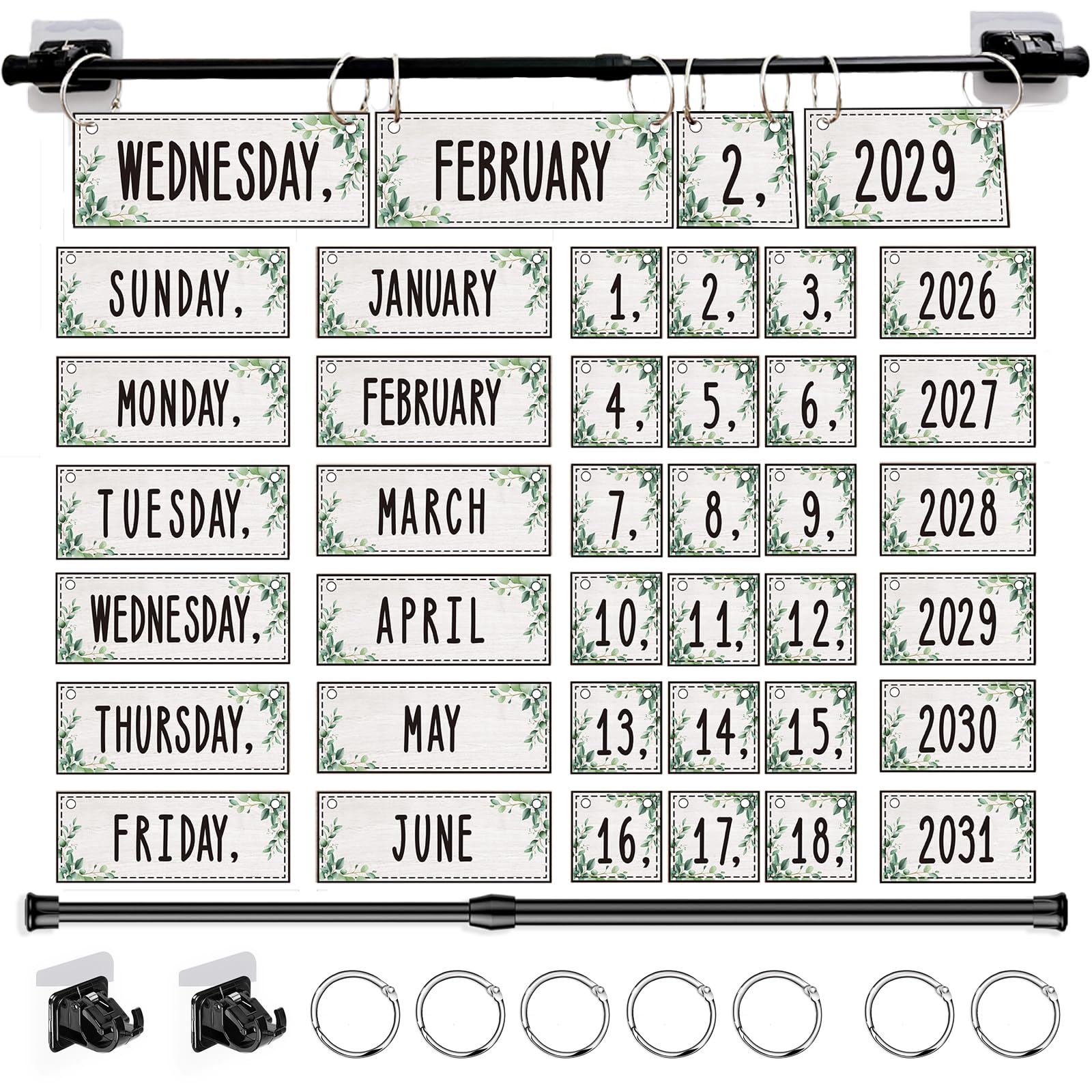 Flip Calendar Bulletin Board Set Classroom Decorations for Whiteboard with Adjustable Flip Calendar Rod Holder Date Cards Days of The Week for Classroom School Supplies(Greenery)