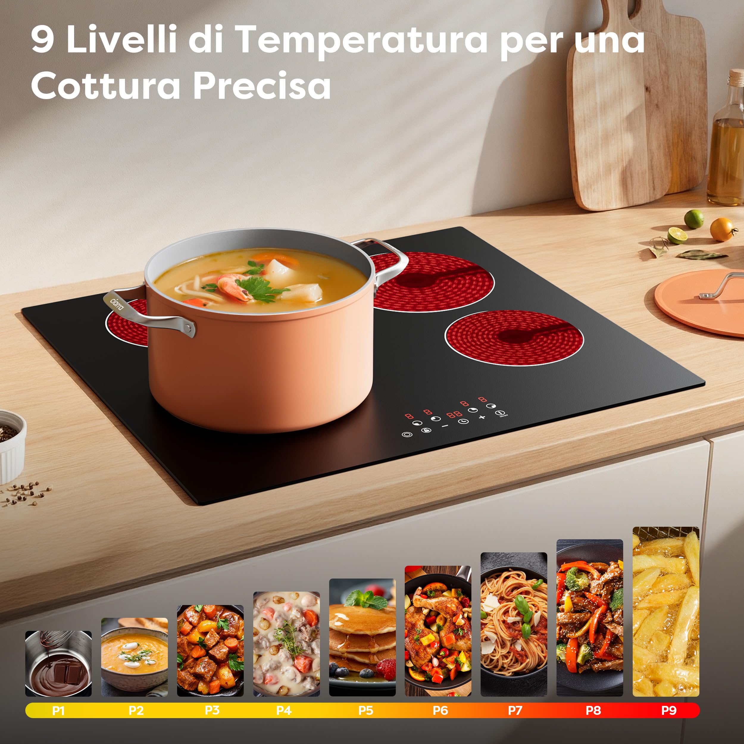 CDV Piano Cottura Vetroceramica 4 Fuochi 6400 W Doppia Zona | Piano 60 cm da Incasso con Doppia Zona, 9 Livelli, Timer 99 Min, Blocco Bambini e Spegnimento Automatico