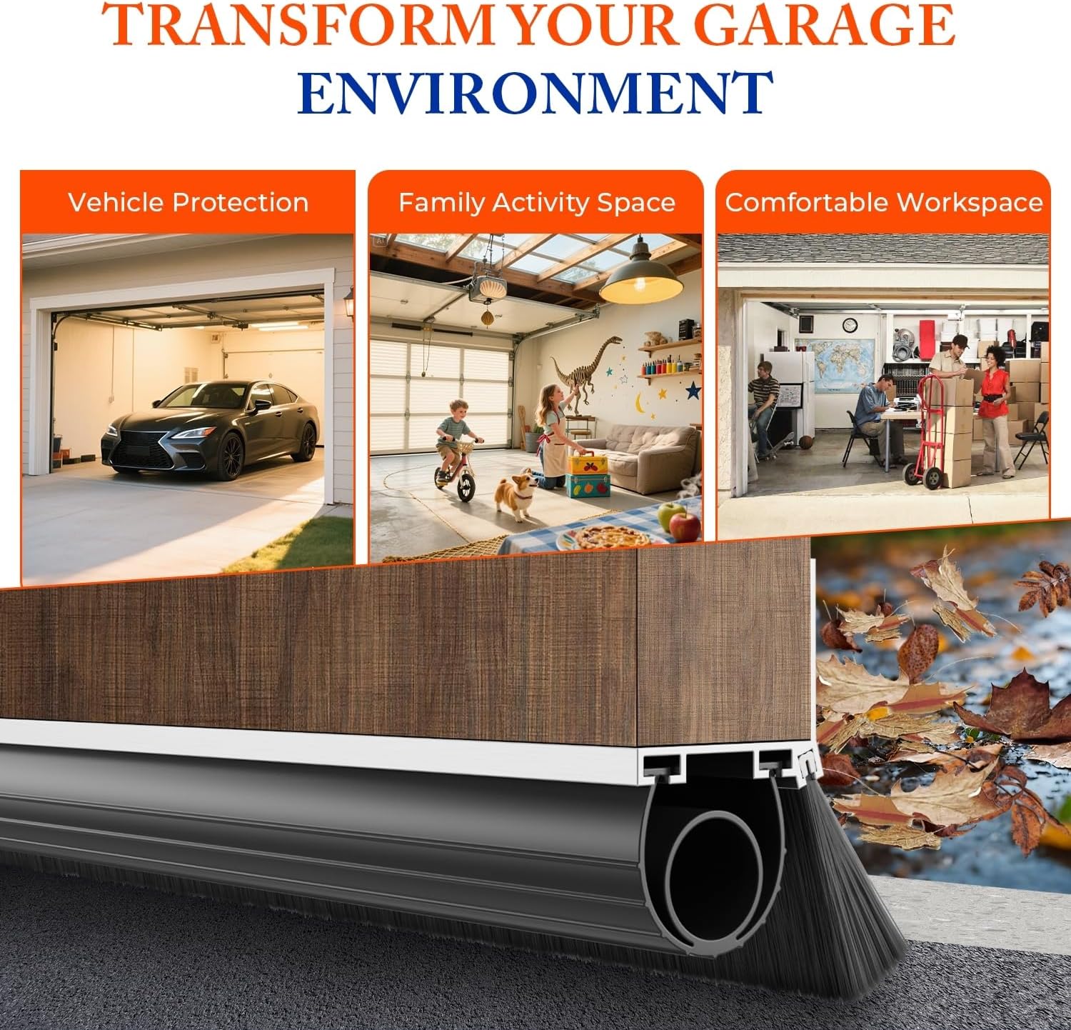 ‌POWLAB Universal Garage Door Seals Kit -16.5FT EPDM U+O Bottom Rubber Weatherproof Seal & Brush, Pre-Drilled Aluminum Track Retainer Base Kit for Steel/Wooden Doors, Noise Reducing