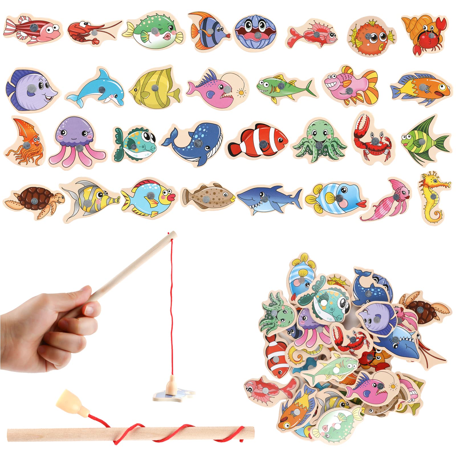 TikplusMagnetic Fishing Games for Kids, 33 Pcs Wooden Fish Educational Toys with Magnetic Rod, Magnets Learning Games Fishing Game for Kids Learning Sea Animals