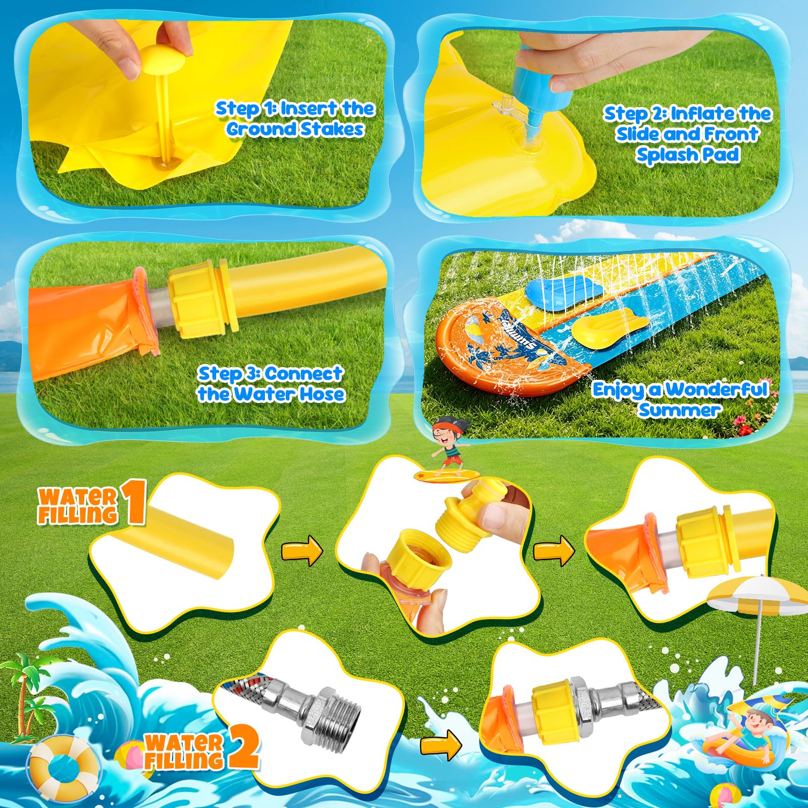 JONRRYIN 950cm Tobogán de Agua, 155cm Tobogán de césped de Doble Tobogán Hinchable con Rociador, 2 Tablas inflables para Fiestas de Verano, Jardín, Acuáticos al Aire Libre