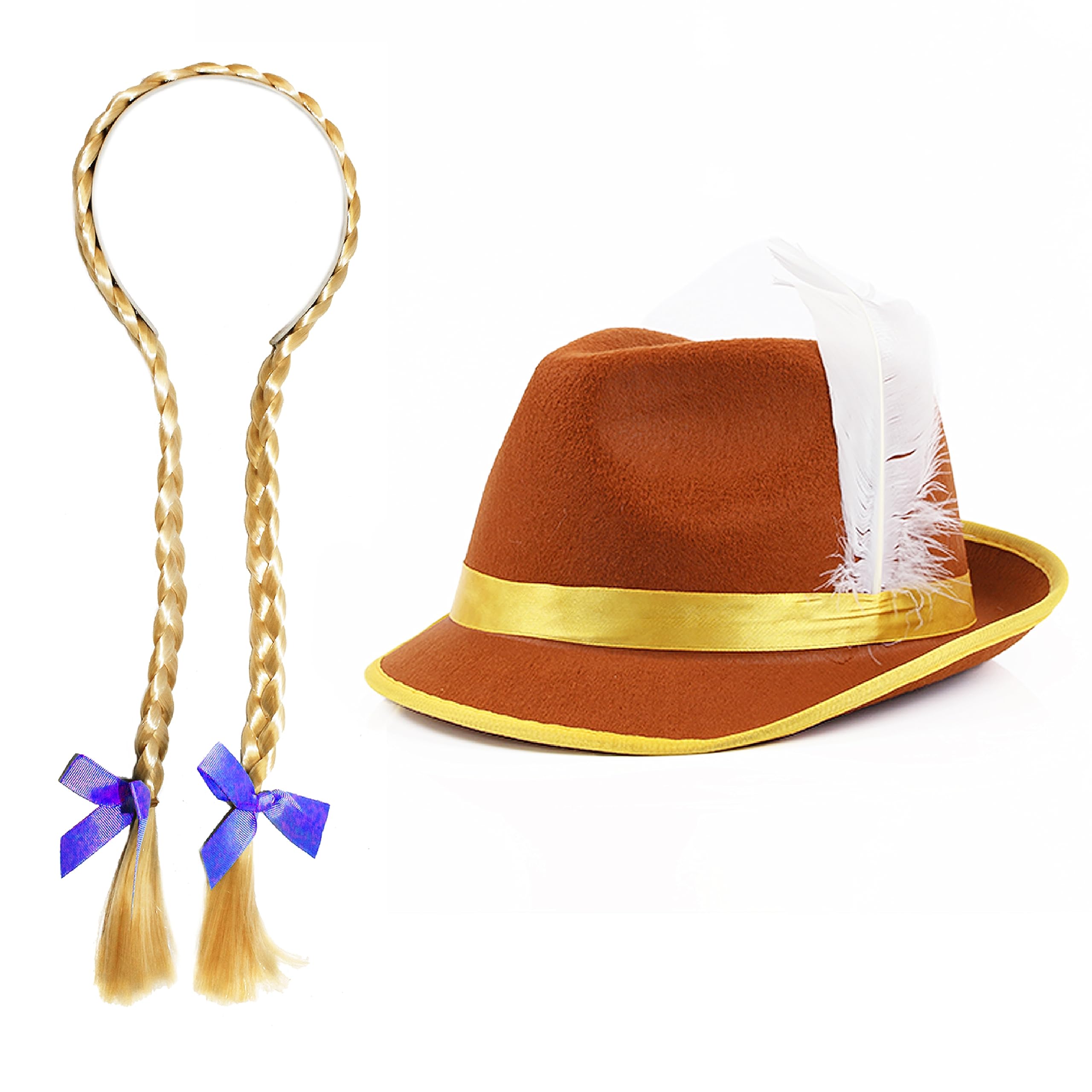 Ladies Bavarian Accessory Set - Pack of 24 - Brown Bavarian Hat and Blonde Plait Wig with Blue Ribbons - Adults Oktoberfest Fancy Dress Costume Accessory Set