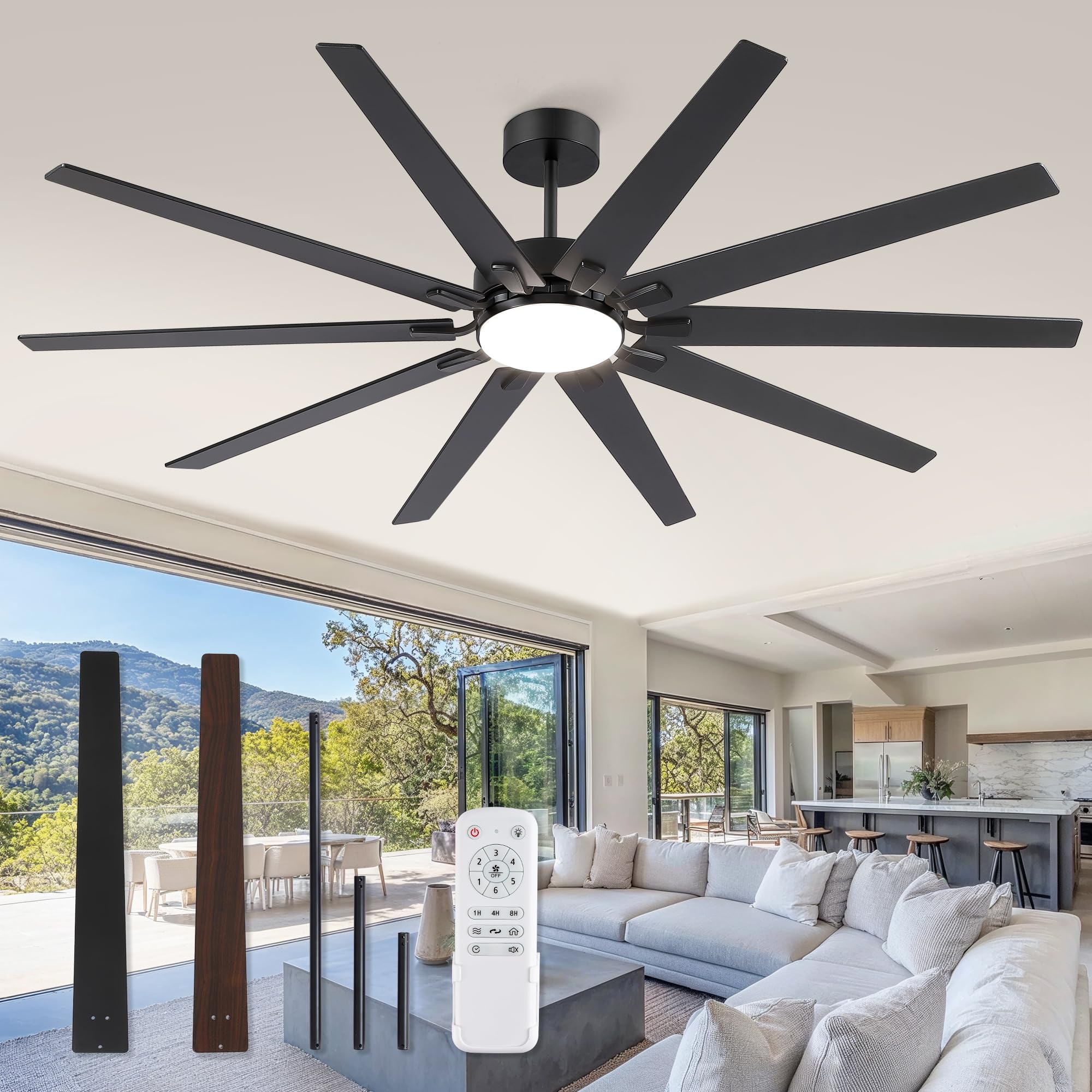 80 Inch Industrial Ceiling Fans with Lights, Large Ceiling Fan with Quiet DC Motor, 10 Reversible Dual-Color Blades, 3CCT, 6-Speed, Indoor/Outdoor Ceiling Fans for Porch/Garage/Shop