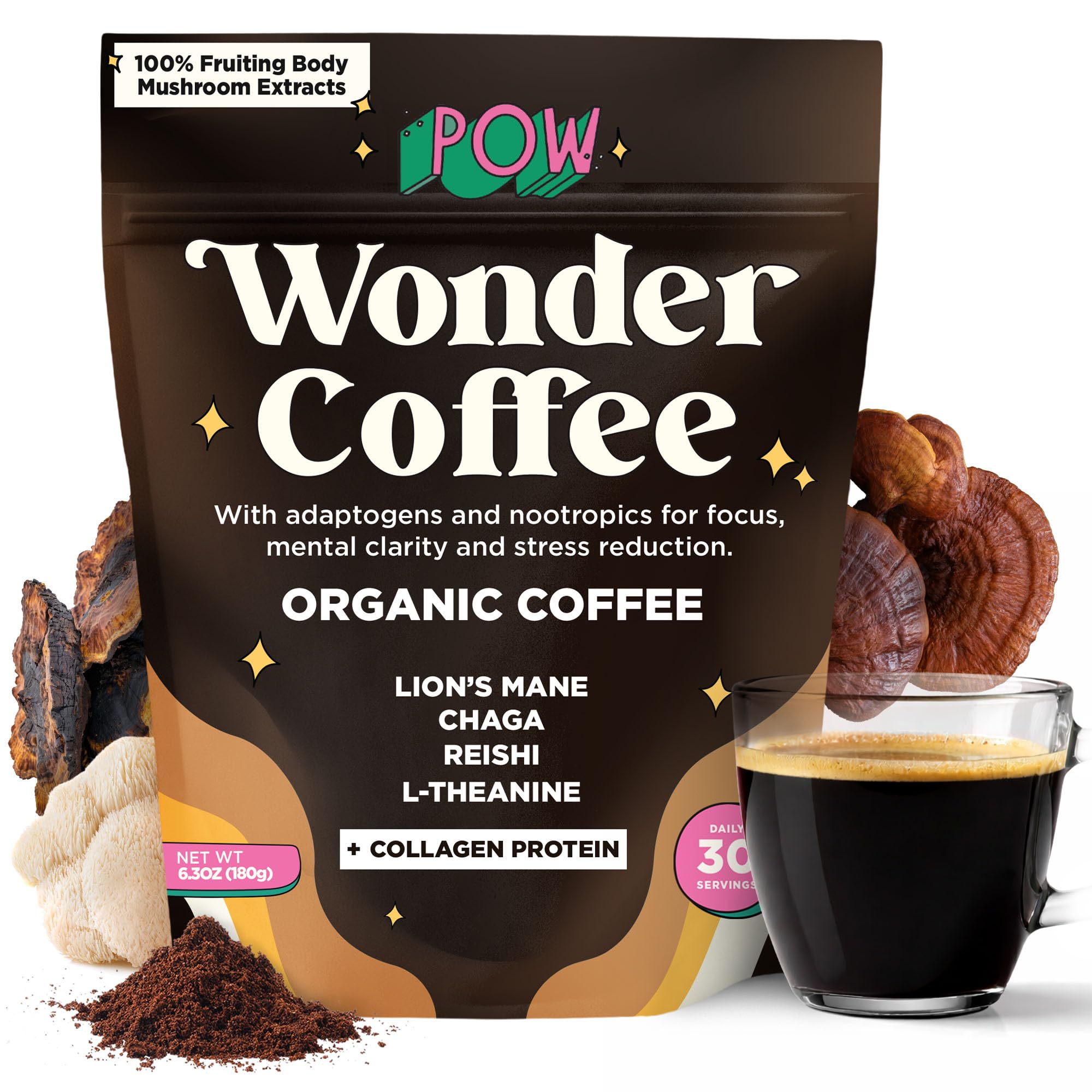 POW Wonder Coffee – Premium Adaptogenic Mushroom Coffee for Focus & Calm Energy with Lion’s Mane, Chaga, Reishi, L-Theanine & Collagen (50 mg Caffeine
