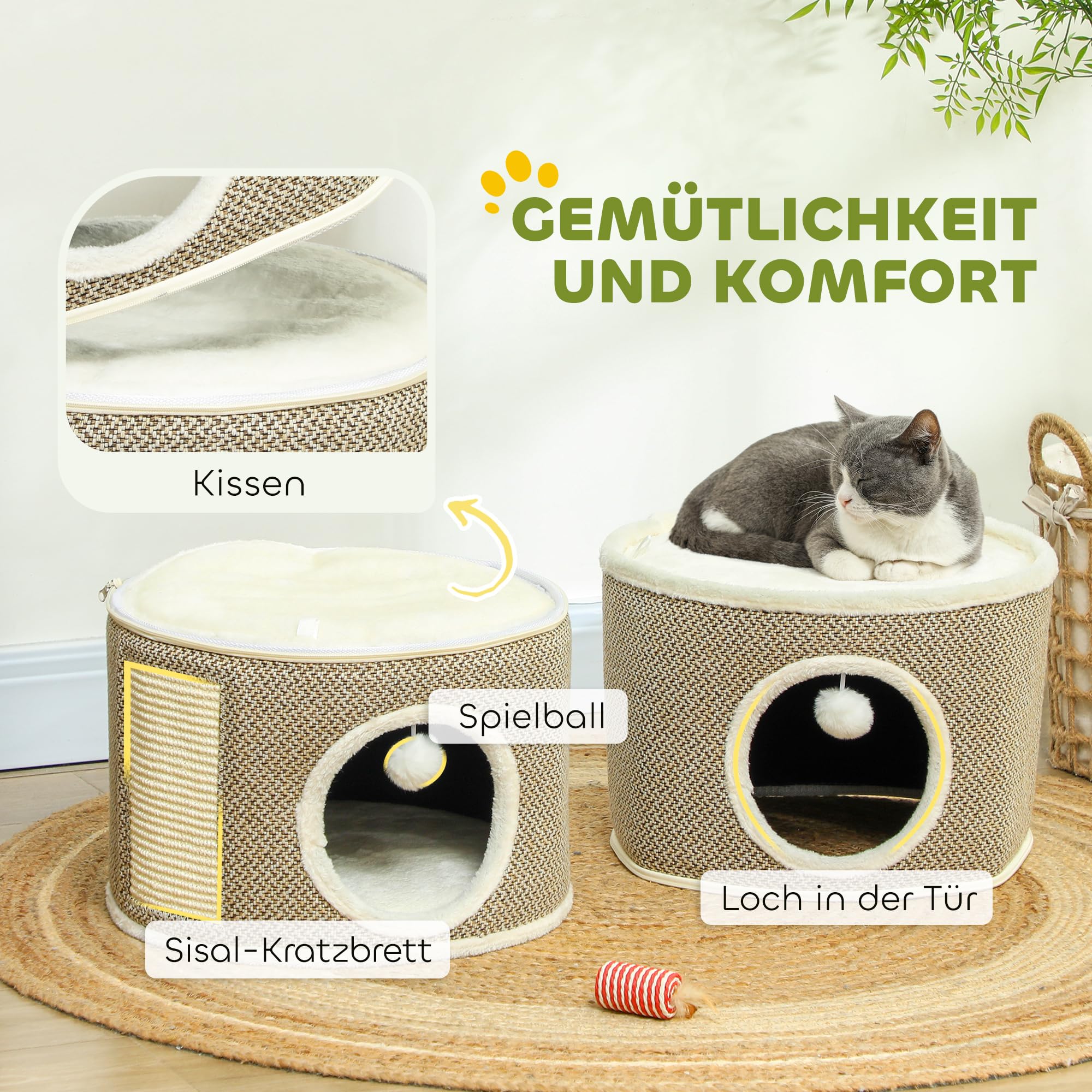 PawHut Kratztonne, 56 cm Hoch Katzentonne mit Höhle, Kratzbaum, Katzenturm aus Sisal, für Katze bis 5 kg, Kaffee