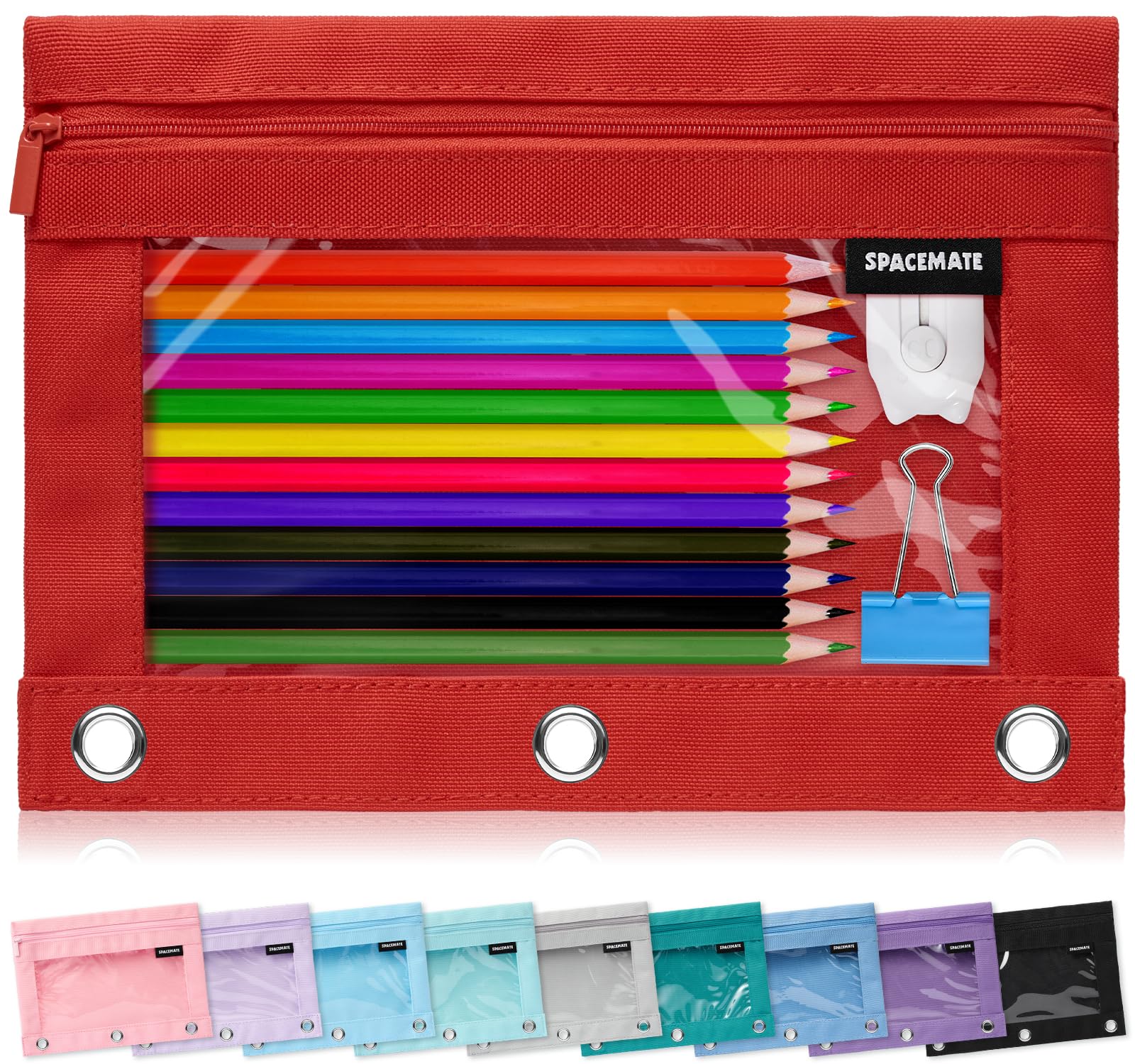 SPACEMATE Pencil Pouch for 3 Ring Binder, Clear 3-Hole Zipper Pencil Case