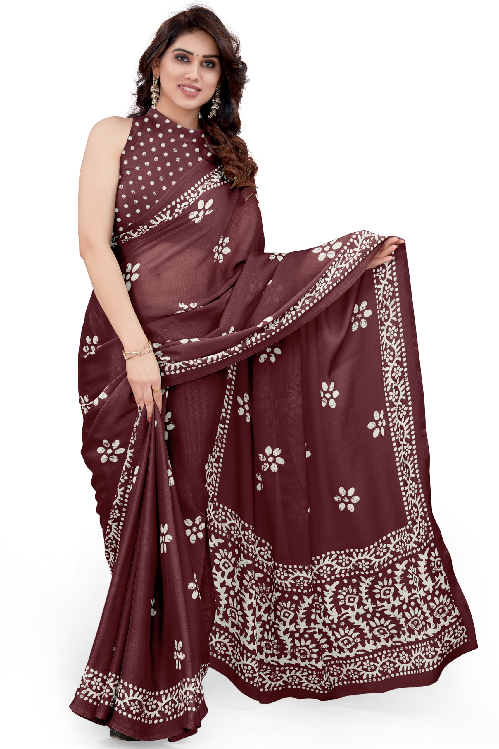 MIRCHI FASHIONWomen's Latest Chiffon Batik Printed Saree with Blouse Piece, Wine, Off White, One size, Wine, Off White, One Size