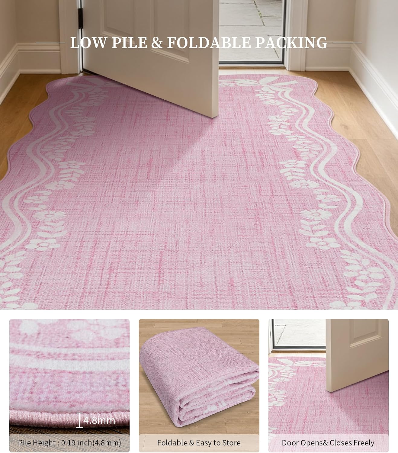 YIHOUSE 3'x5' Area Rug Pink Bow Scalloped Nursery Rug,Cute Princess Girls Bedroom Rug Washable,Non Slip Soft Low Pile Floral Border Carpet for Living Room Entryway Small Space